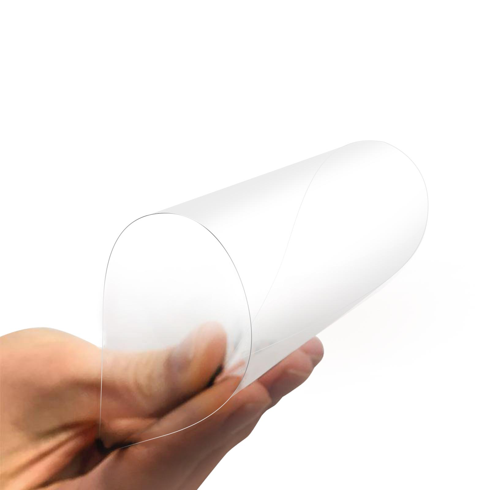 Foglio di plastica trasparente, tenuto da una mano, su sfondo bianco.