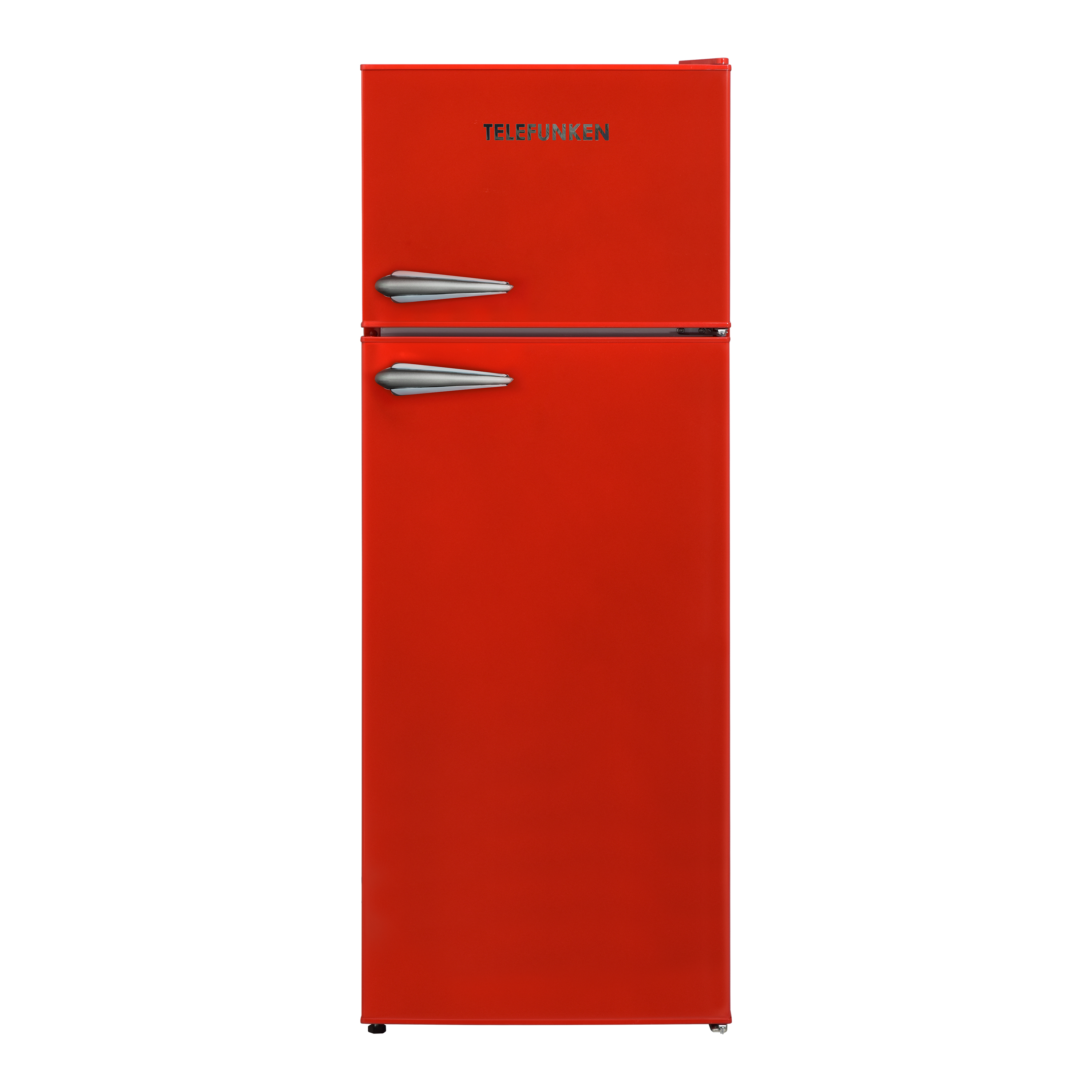 Roter Kühlschrank im Vintage-Stil mit zwei Türen, silbernen Griffen, Telefunken Logo.