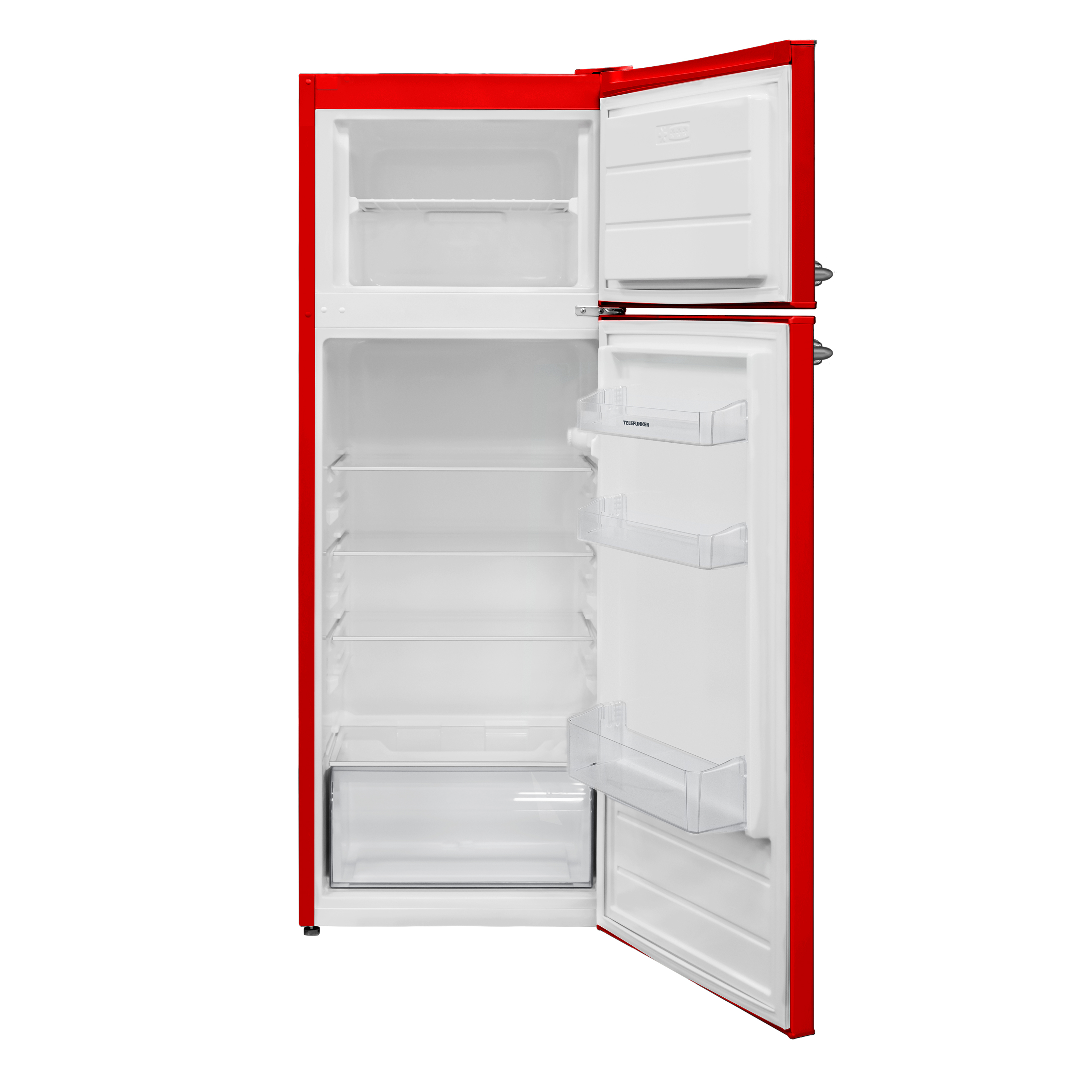 Ein rot-weißer Kühlschrank mit offener Tür. Der Hintergrund ist weiß.