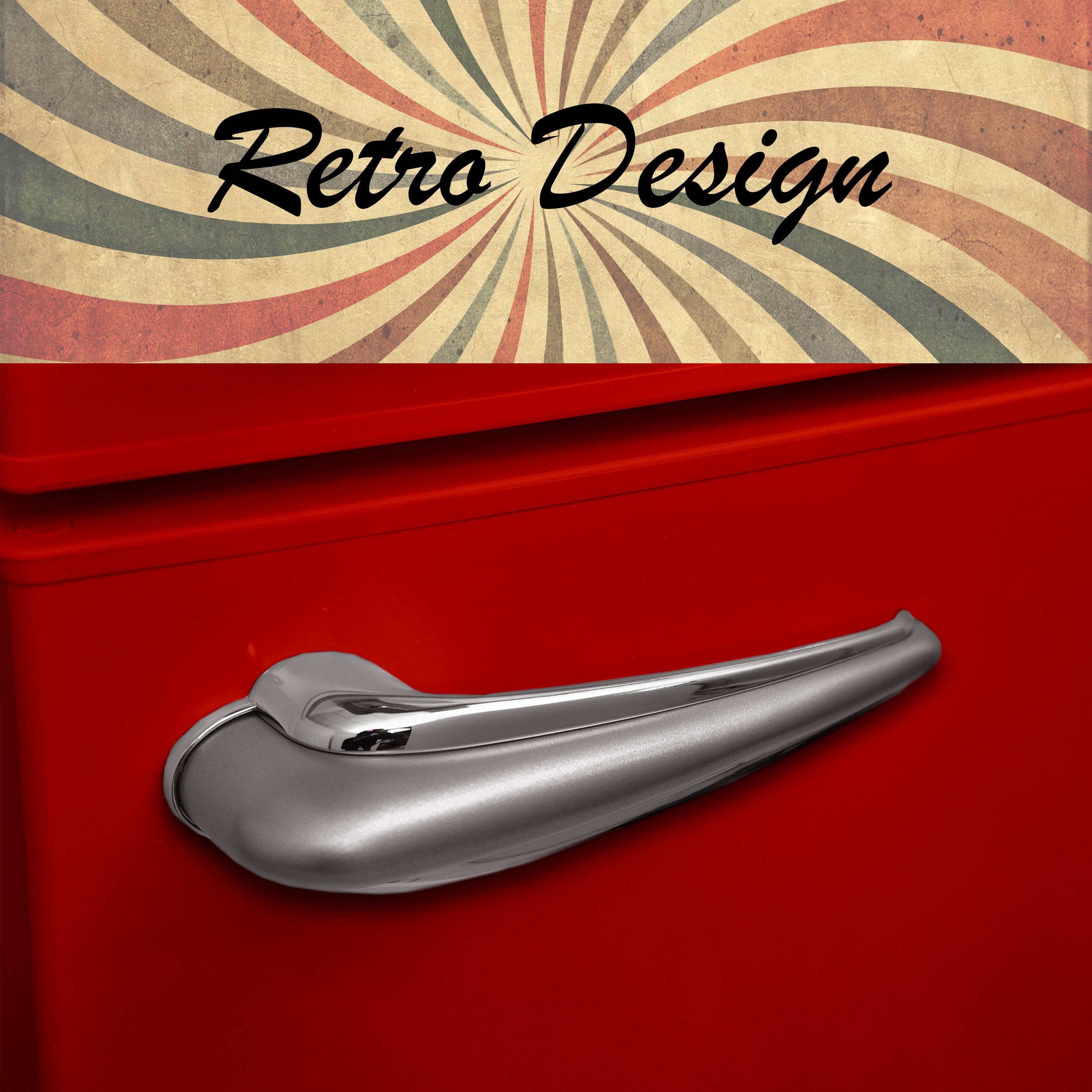 Rote Autotür mit silbernem Griff und Retro-Design. Der Griff ist horizontal.