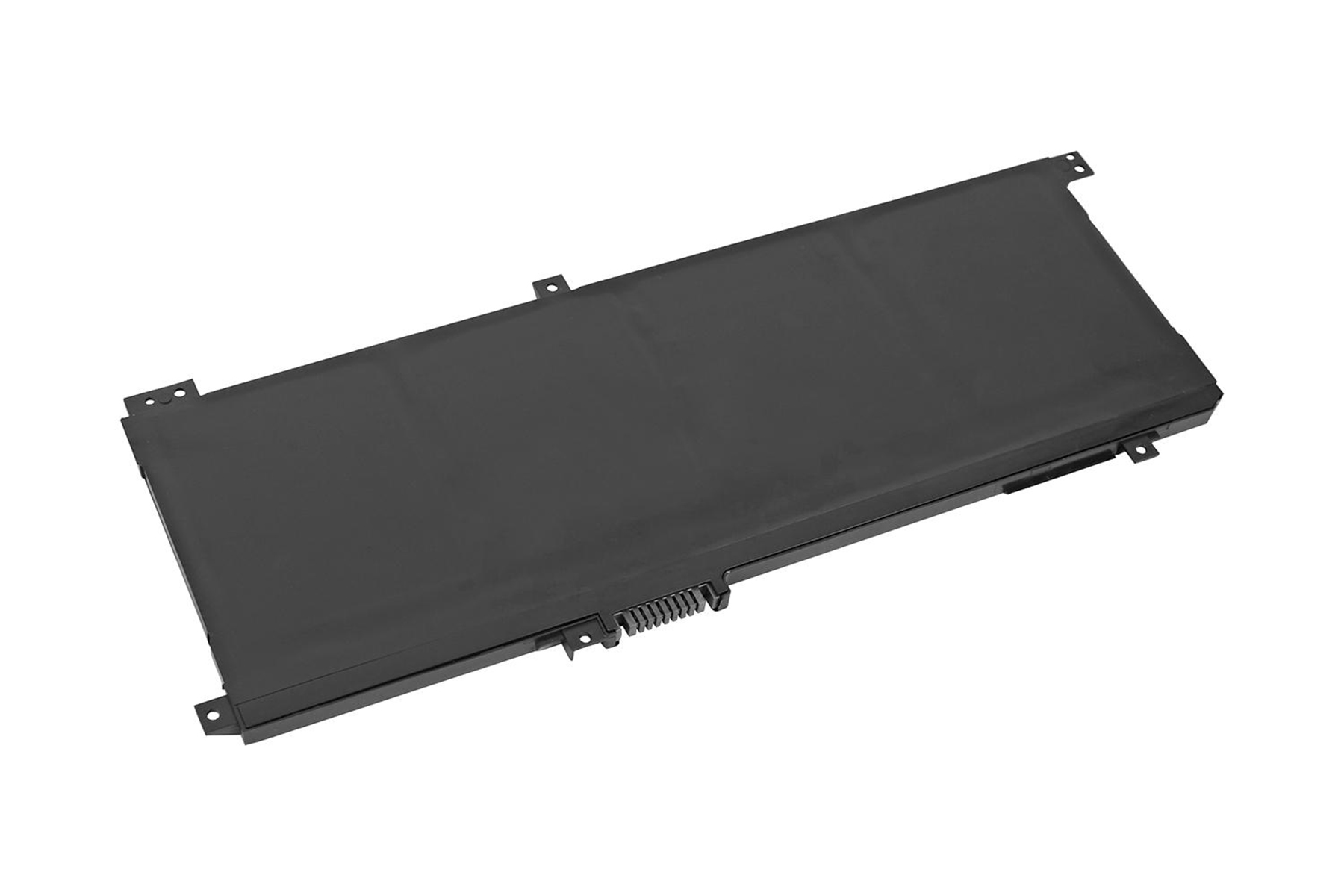 Schwarzer Laptop-Akku auf weißem Untergrund.