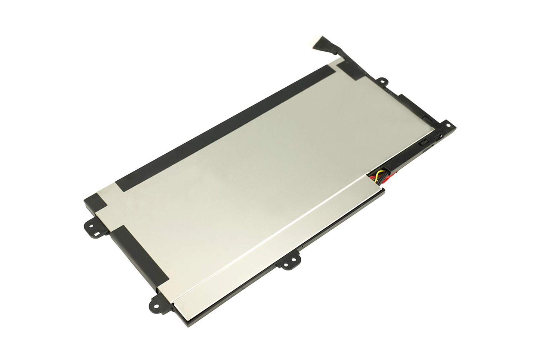 Eine Laptop-Batterie mit schwarzen Rändern und einer silbernen Mitte, auf weißem Hintergrund. Anschlüsse sind sichtbar.