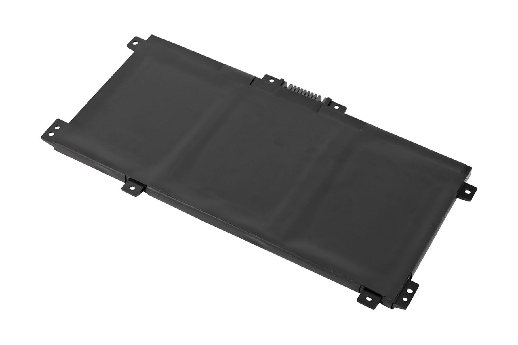 Schwarzer Laptop-Akku mit rechteckiger Form, schräg auf weißem Hintergrund.
