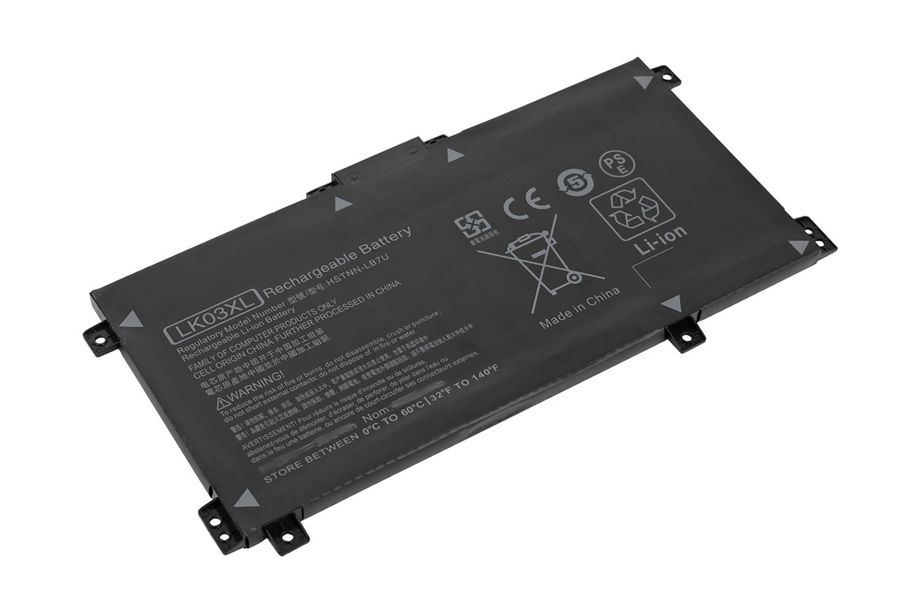 Laptop-Akku, mit schwarzem Gehäuse, weißem Text und Warnsymbolen auf weißem Untergrund.