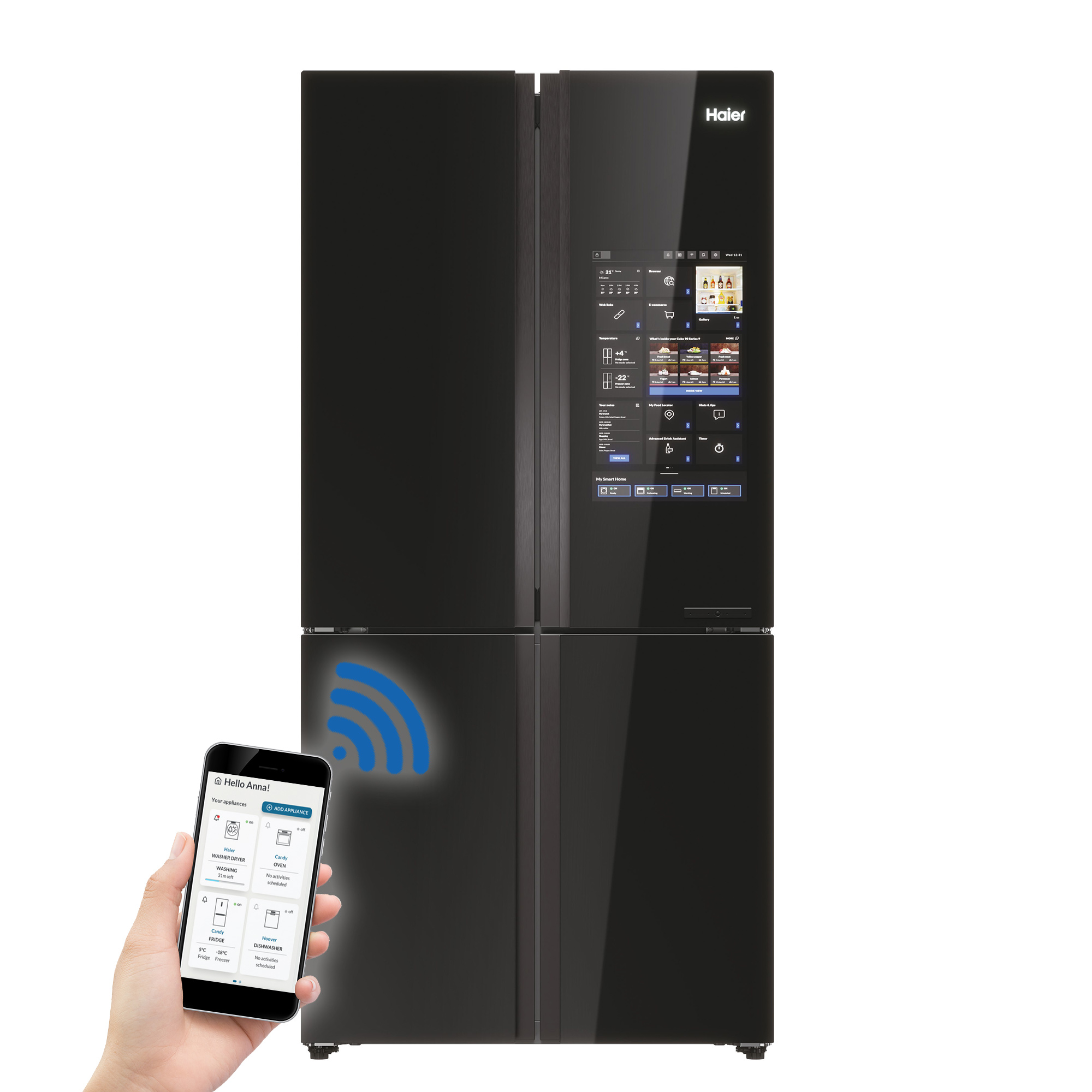 Frigorifero Haier nero con telefono che mostra interfaccia e icona wifi.