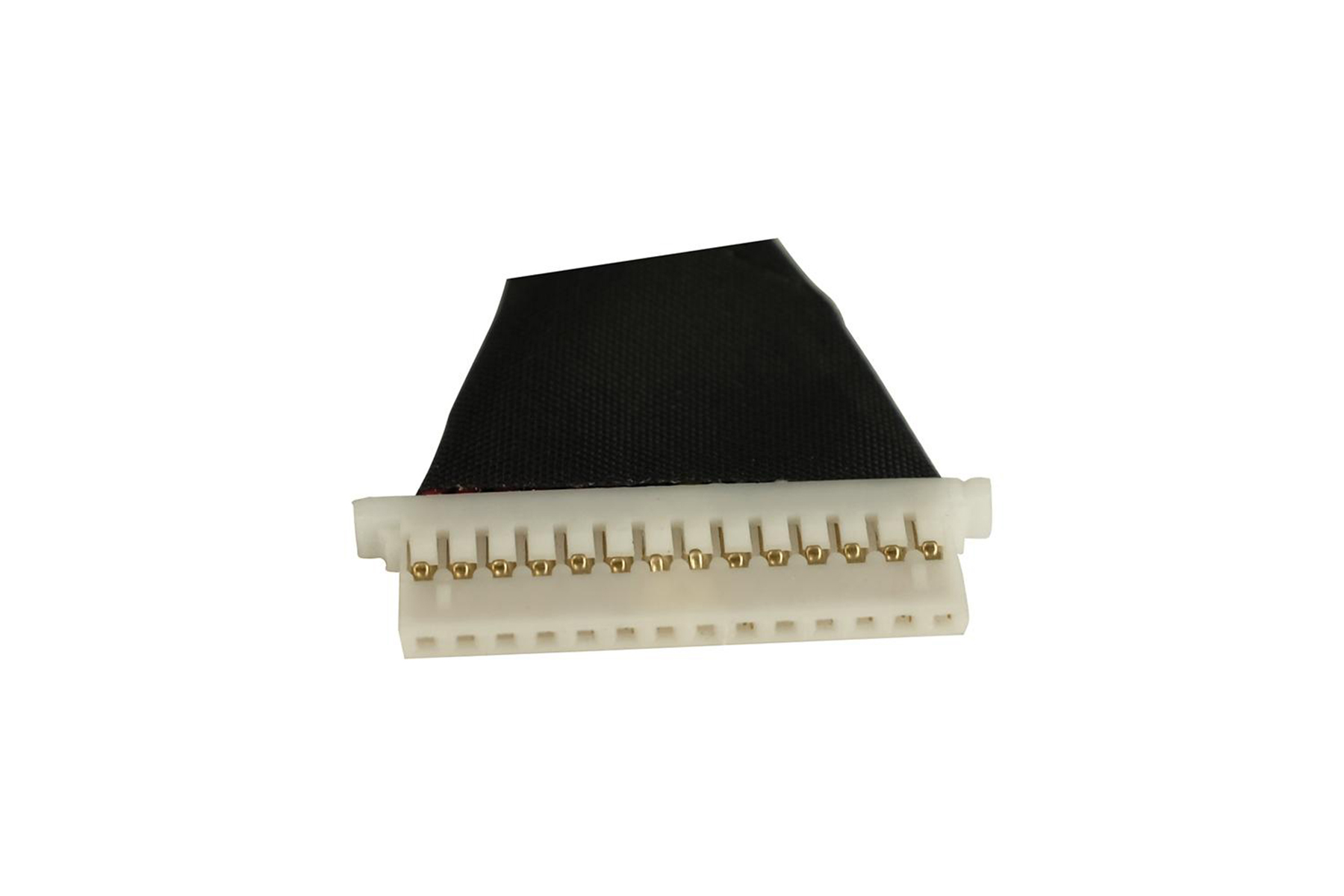 Kleiner schwarz-weißer Stecker mit mehreren goldenen Pins, isoliert auf weißem Hintergrund.