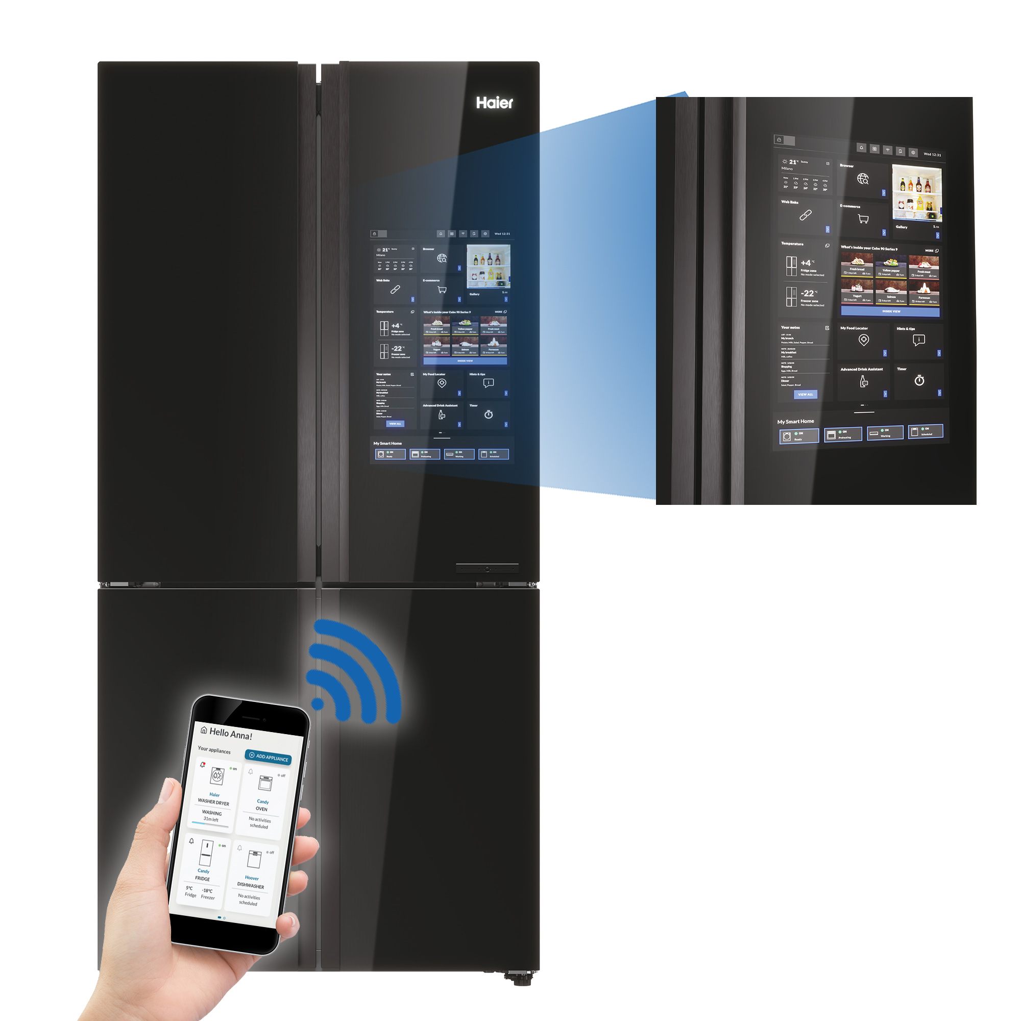 Un frigorifero Haier nero con touchscreen e app, mostra funzioni smart.