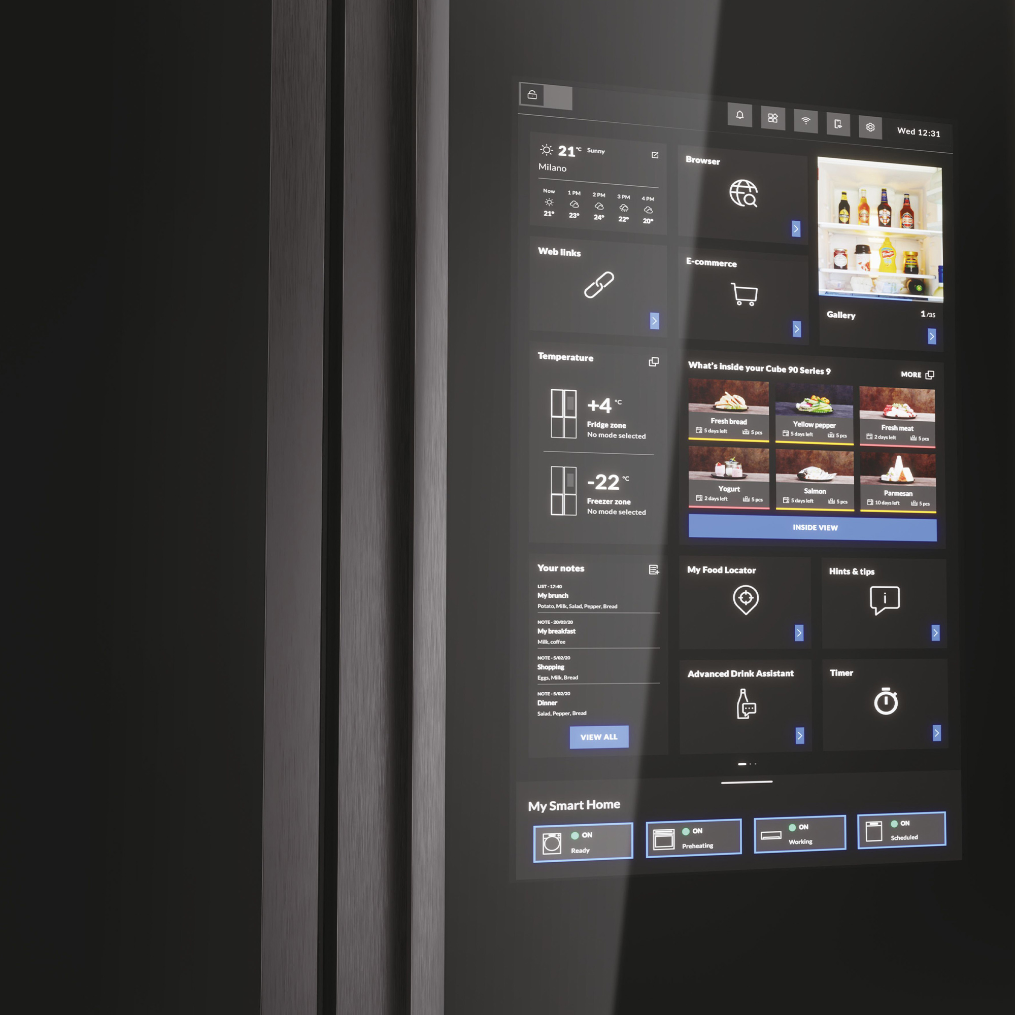 Un frigorifero moderno con display touchscreen che mostra varie funzioni.