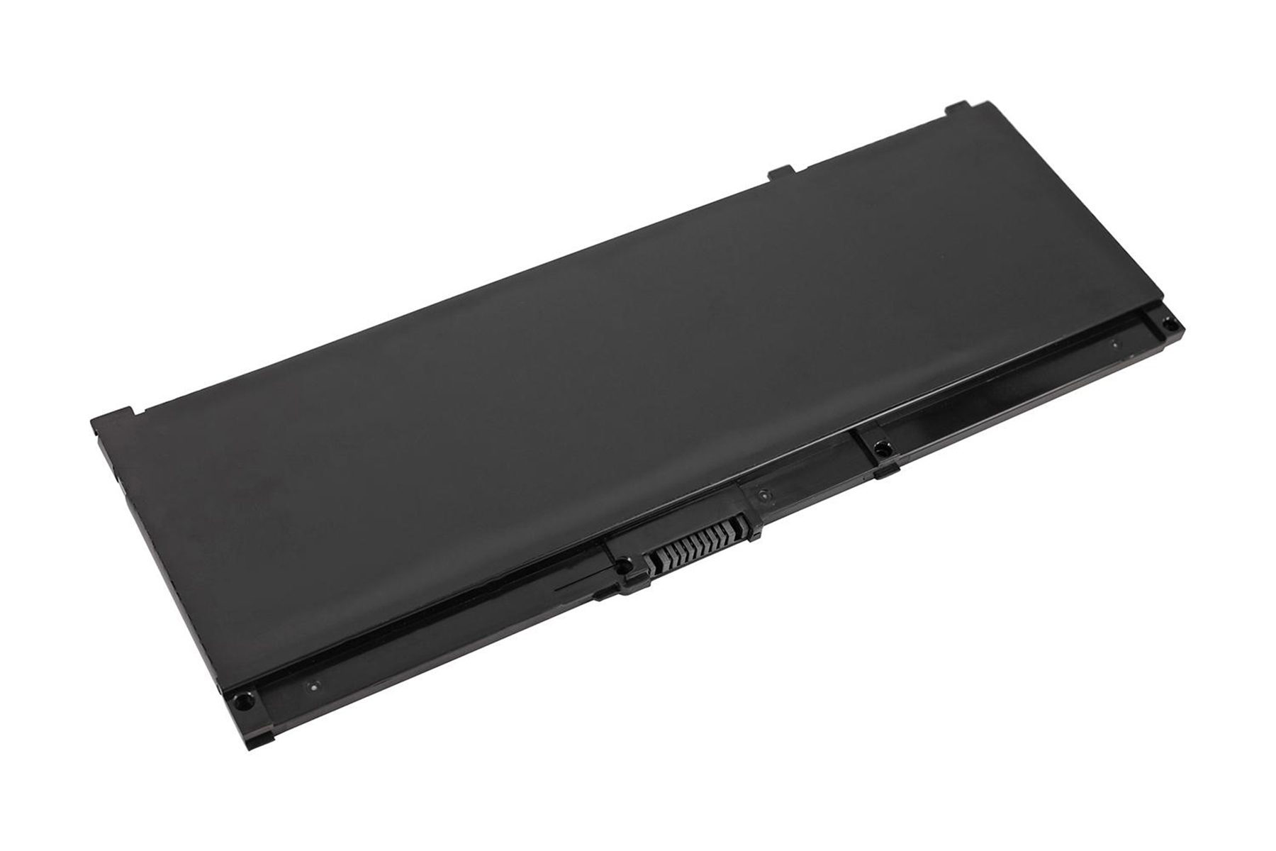 Schwarze Laptop-Batterie auf weißem Hintergrund. Rechteckige Form, glatte Oberfläche, schräge Ansicht.