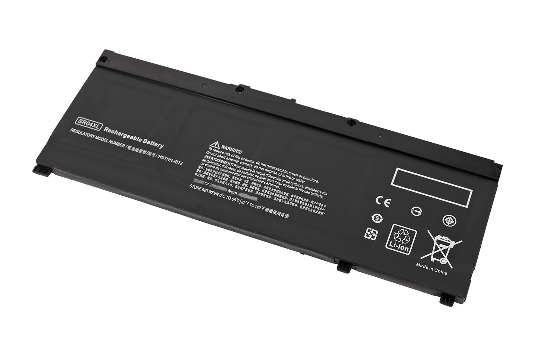 Rechteckiger Laptop-Akku mit Etiketten. Weißer Hintergrund. Text: 'SR04XL Rechargeable Battery'.