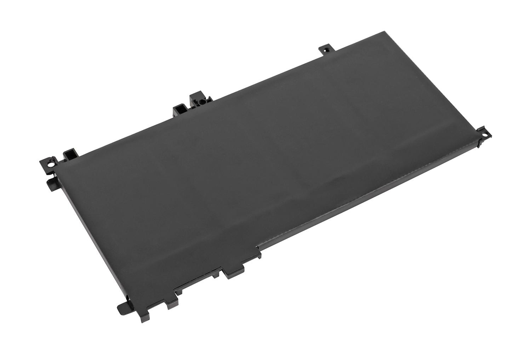 Schwarze Laptop-Batterie auf weißem Hintergrund. Schräge Ansicht, mit glatter, flacher Oberfläche.