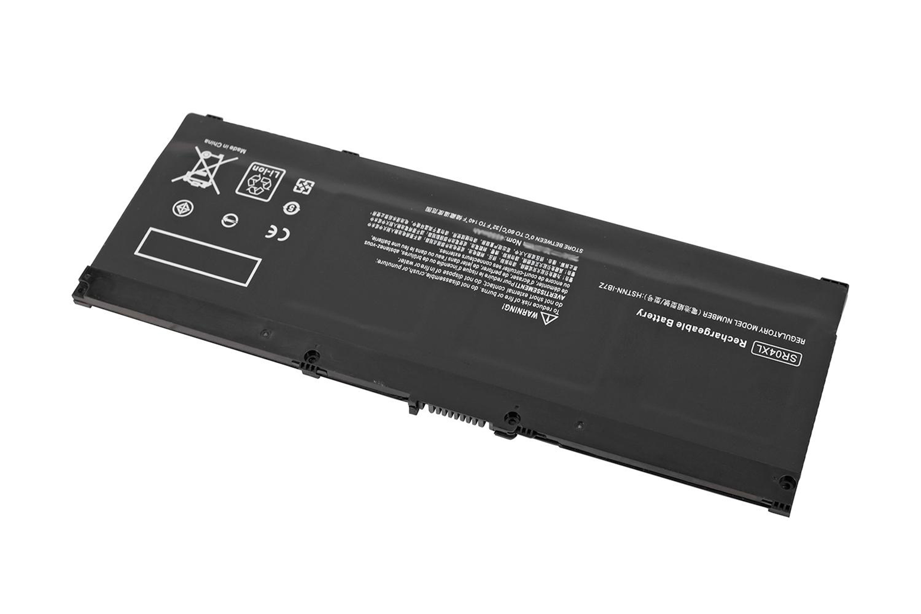 Schwarzer Laptop-Akku auf weißem Grund. Enthält mehrere Warnungen, Symbole und Text.