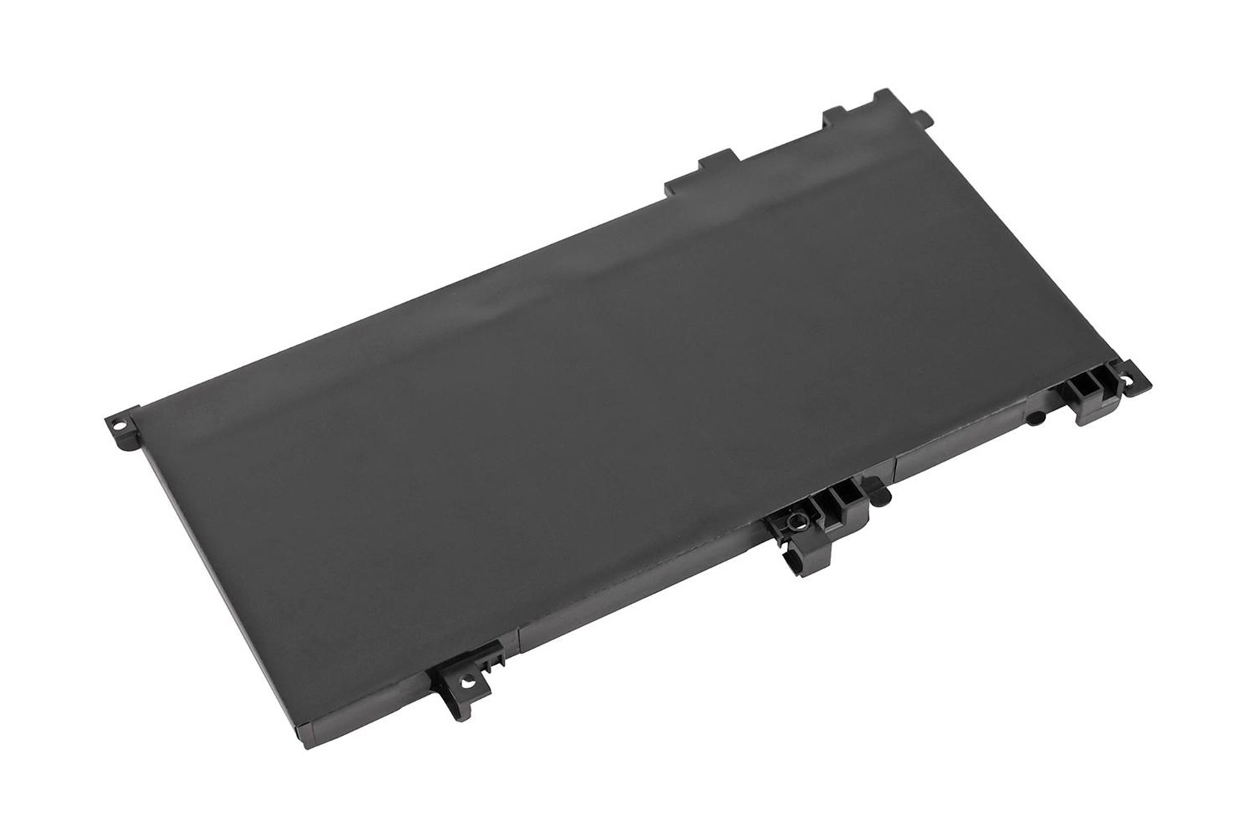 Schwarzer Laptop-Akku, schräge Ansicht, auf weißem Hintergrund.