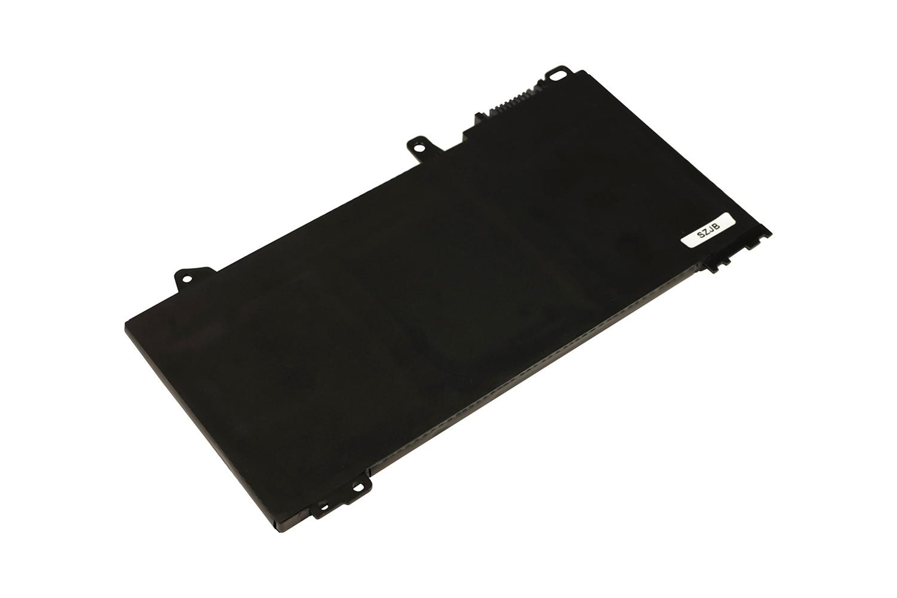 Eine schwarze Laptop-Batterie. Weißer Hintergrund, schräge Ansicht. Etikett SZJB ist vorhanden.