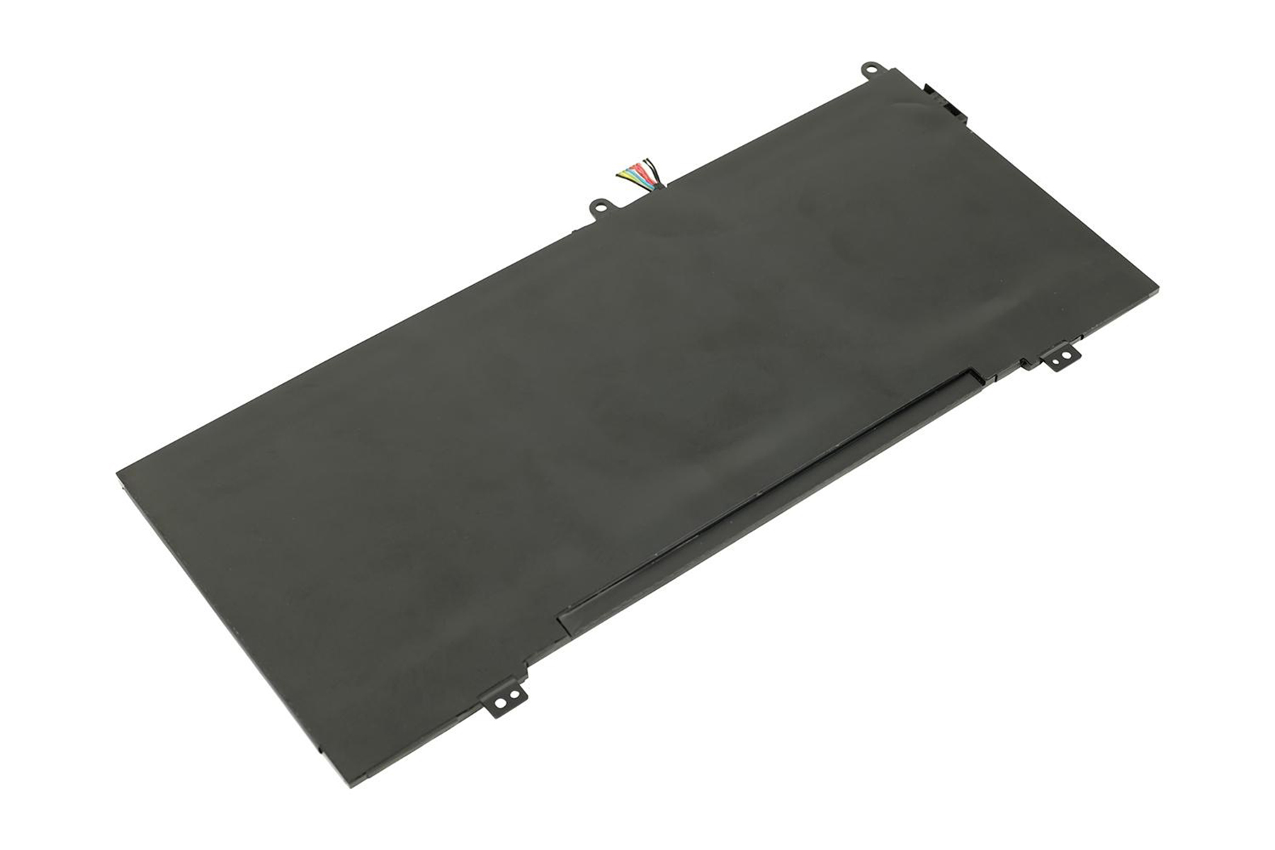 Schwarzer Laptop-Akku mit Kabeln auf weißem Hintergrund.