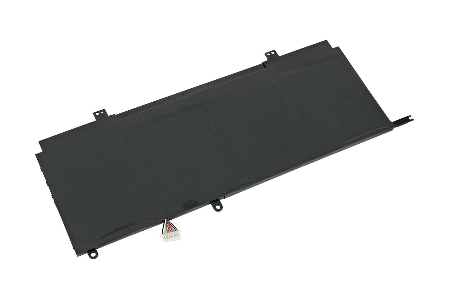 Schwarze Laptop-Batterie auf weißem Hintergrund. Rechteckige Form, glatte Oberfläche, Anschlüsse sichtbar.