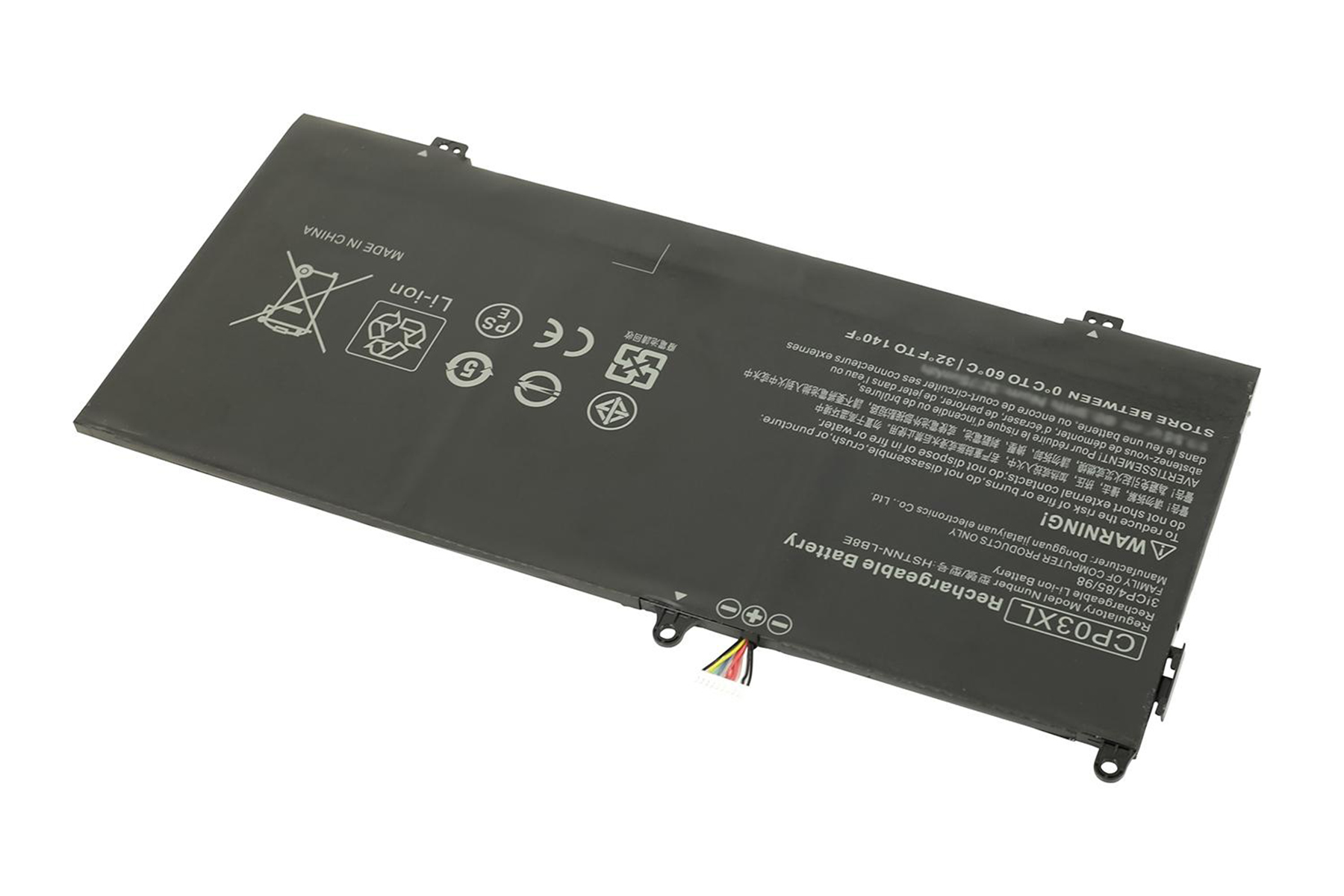 Laptop-Akku, schwarz, mit Sicherheitshinweisen und Anschlüssen.