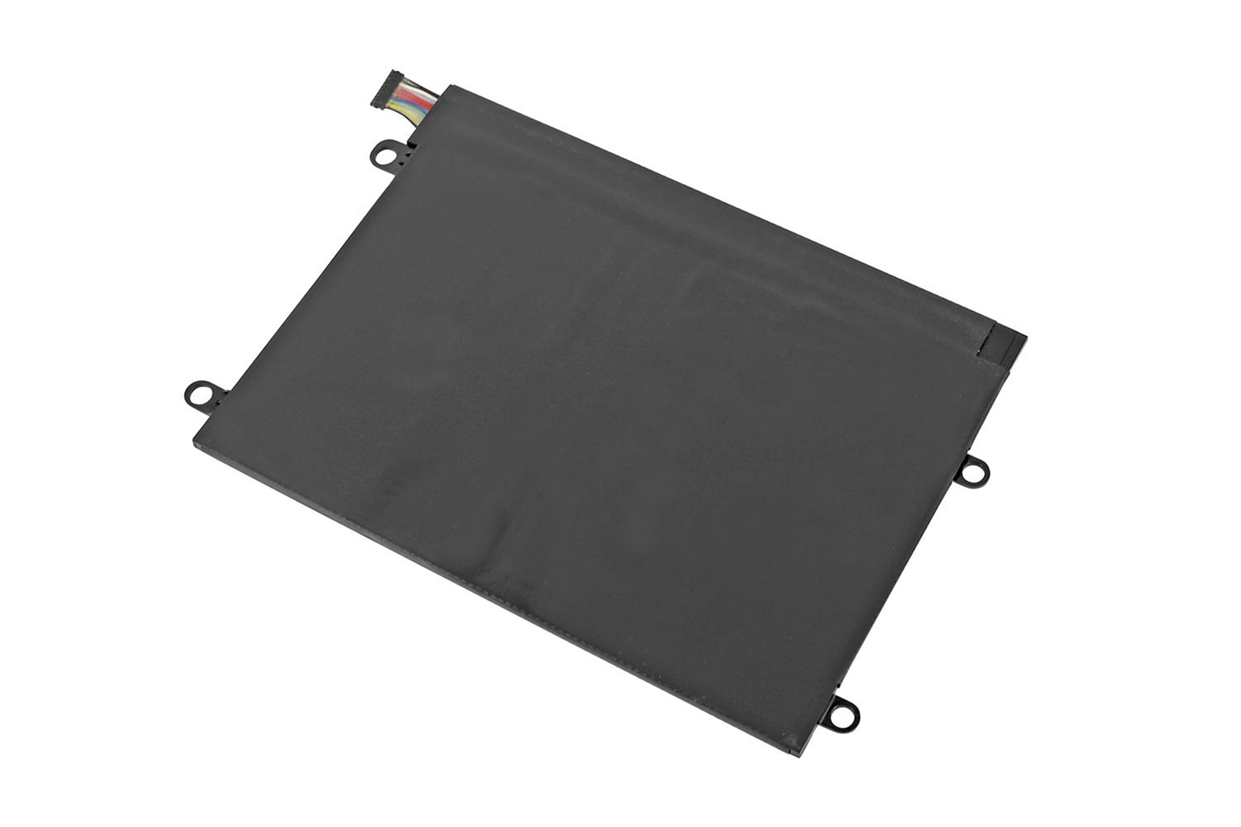Schwarzer Laptop-Akku mit abgerundeten Ecken, auf weißem Hintergrund, schräge Ansicht.
