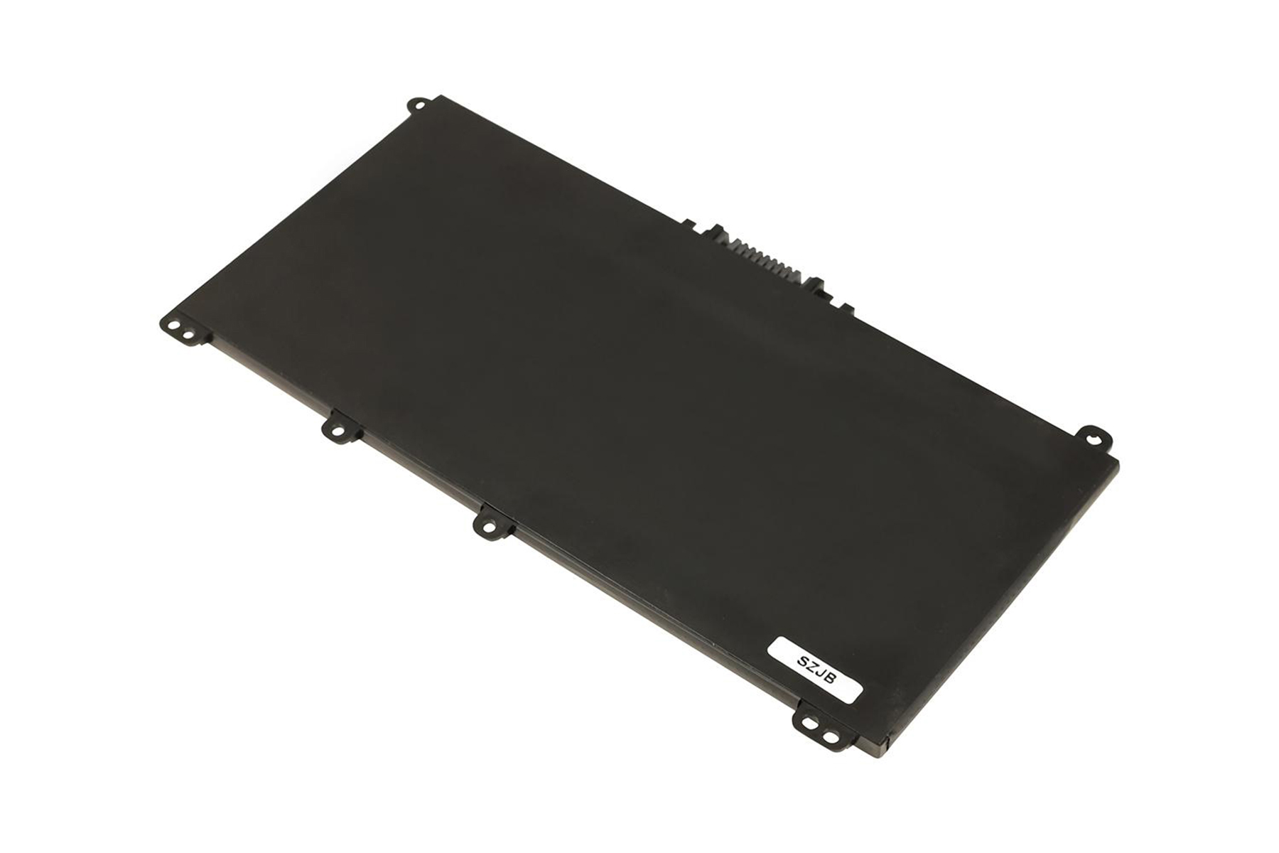 Schwarzer Laptop-Akku mit Etikett. Rechteckige Form. Anschlüsse an der Seite. Weißer Hintergrund.