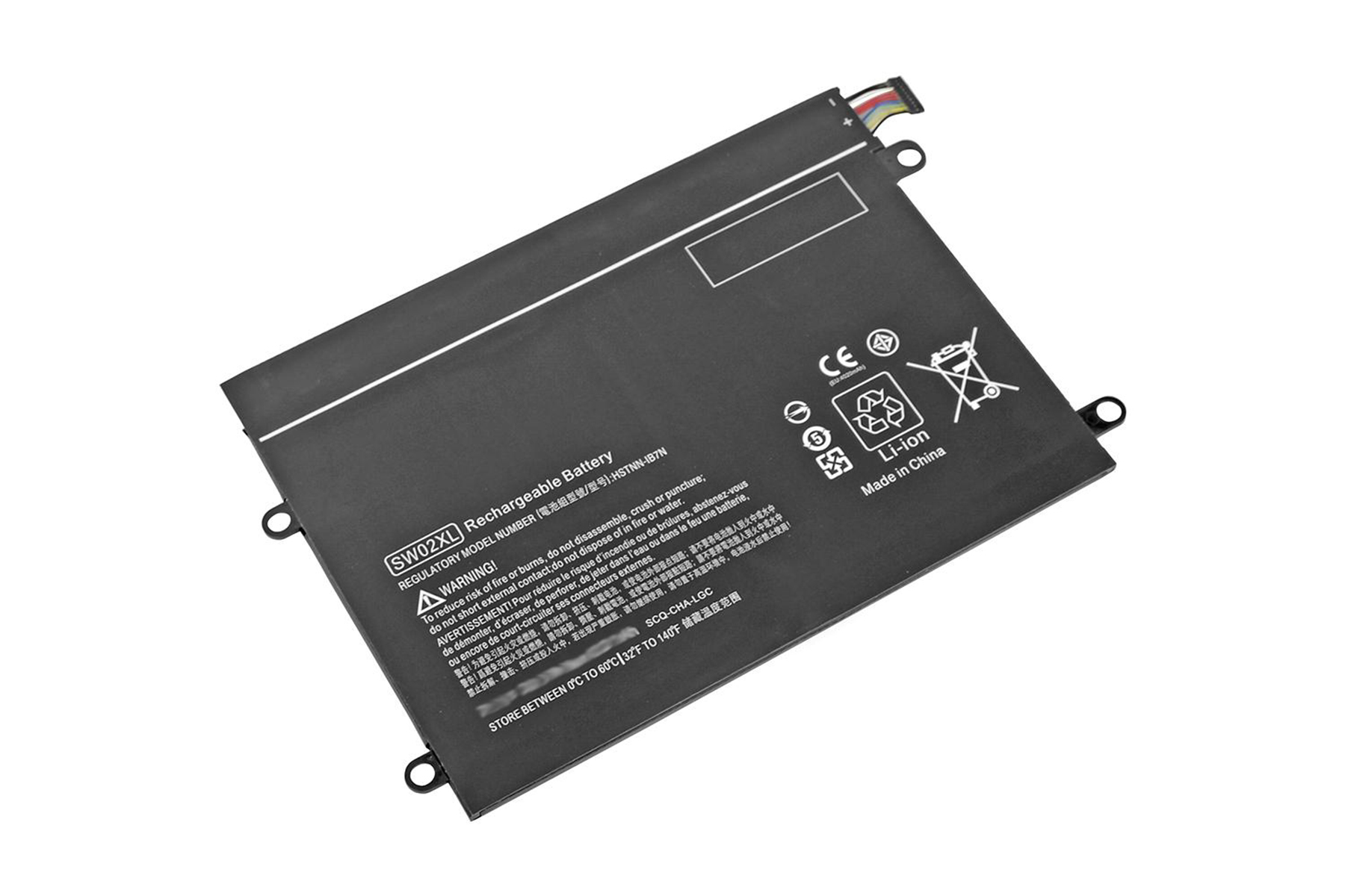 Schwarzer, wiederaufladbarer Laptop-Akku. Text: SW02XL Akku, Warnsymbole.