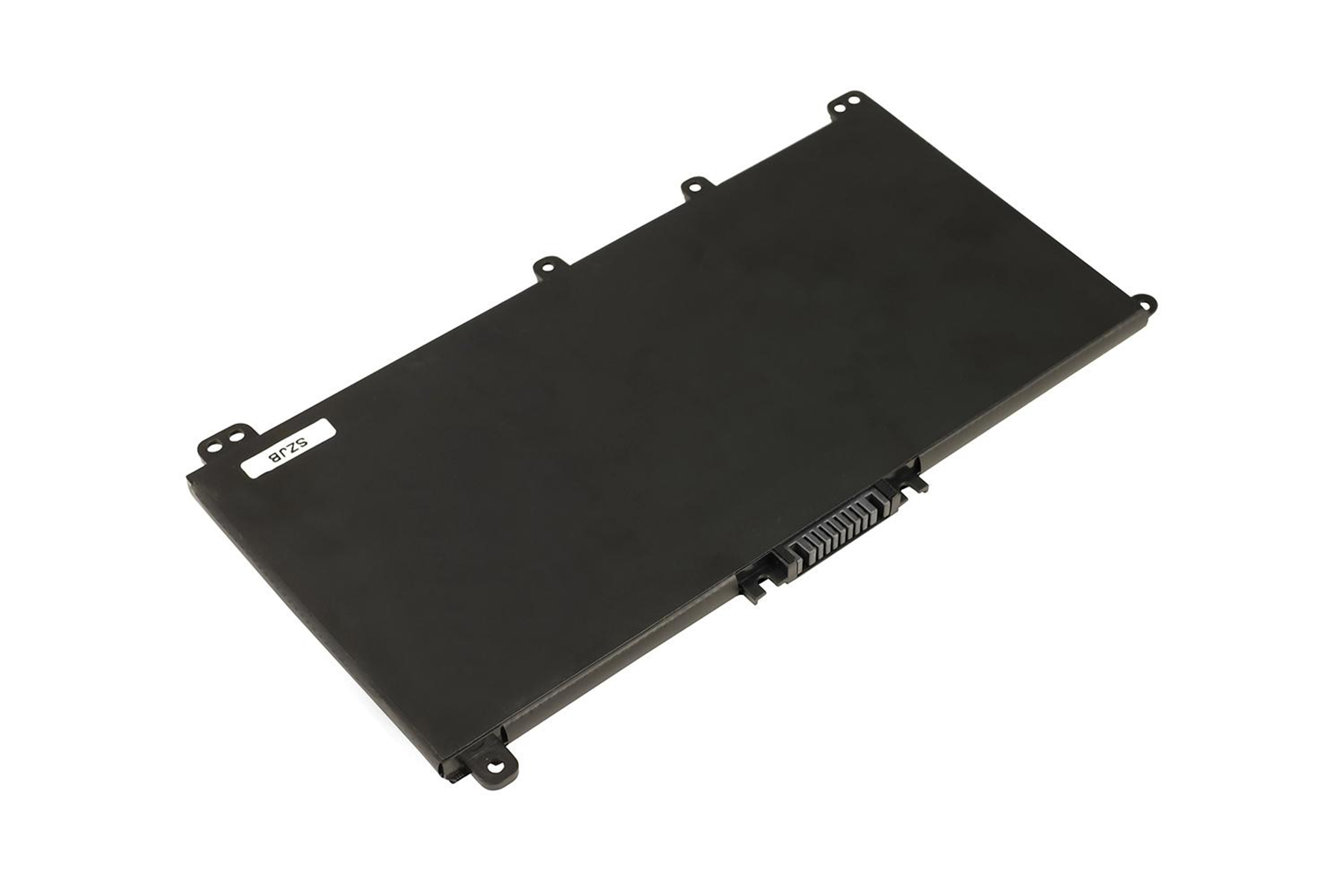Schwarzer Laptop-Akku, schräge Ansicht, mit Aufkleber.