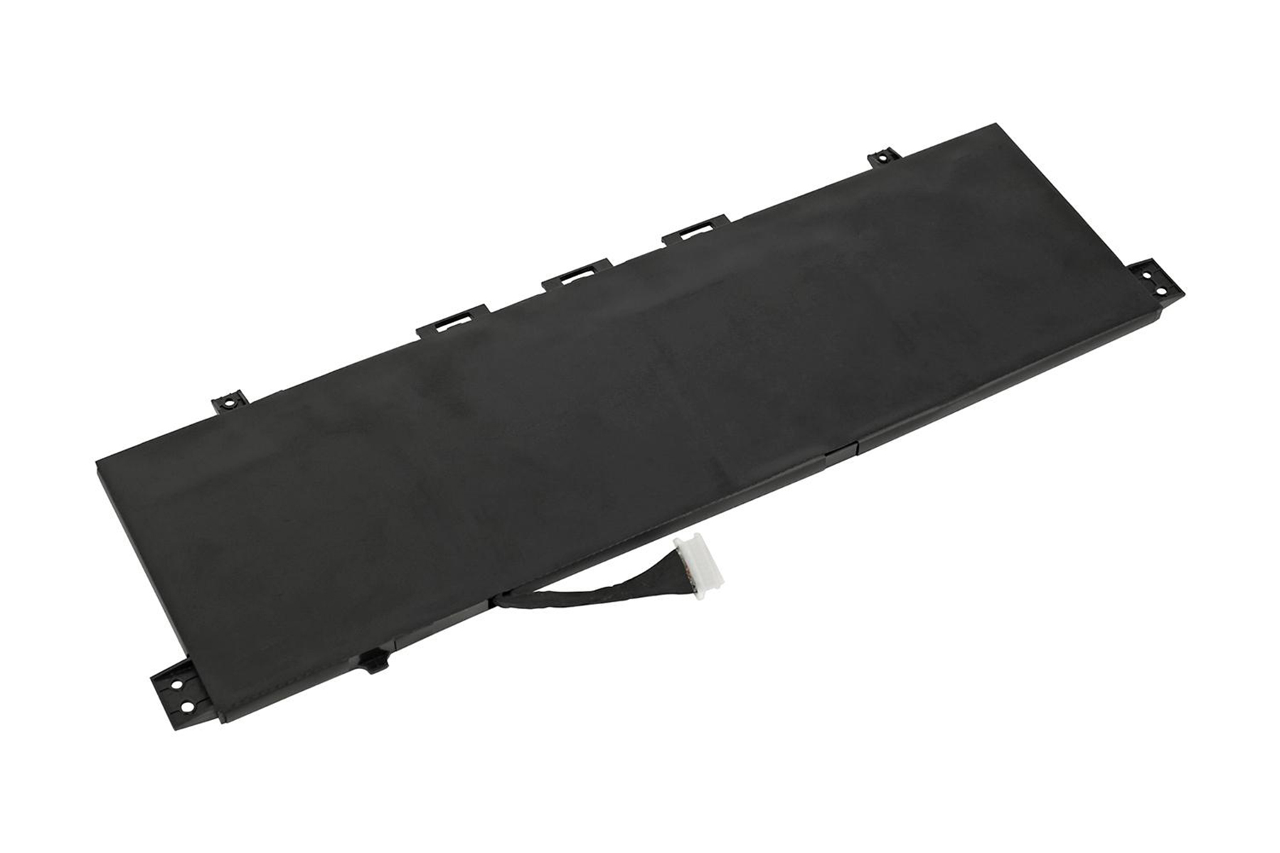 Batteria nera per laptop con cavo bianco su sfondo bianco.
