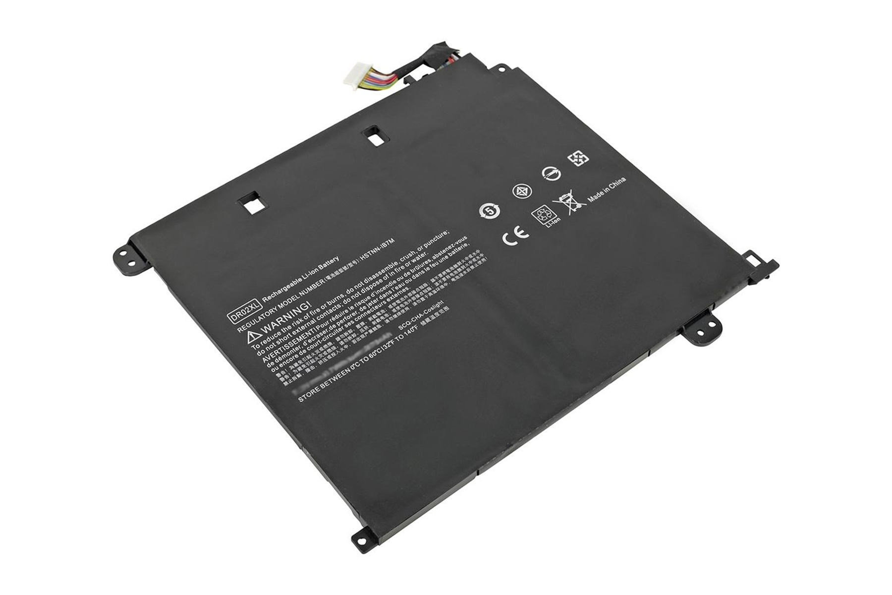Laptop-Akku mit Text und Symbolen, schwarz, weißer Hintergrund.