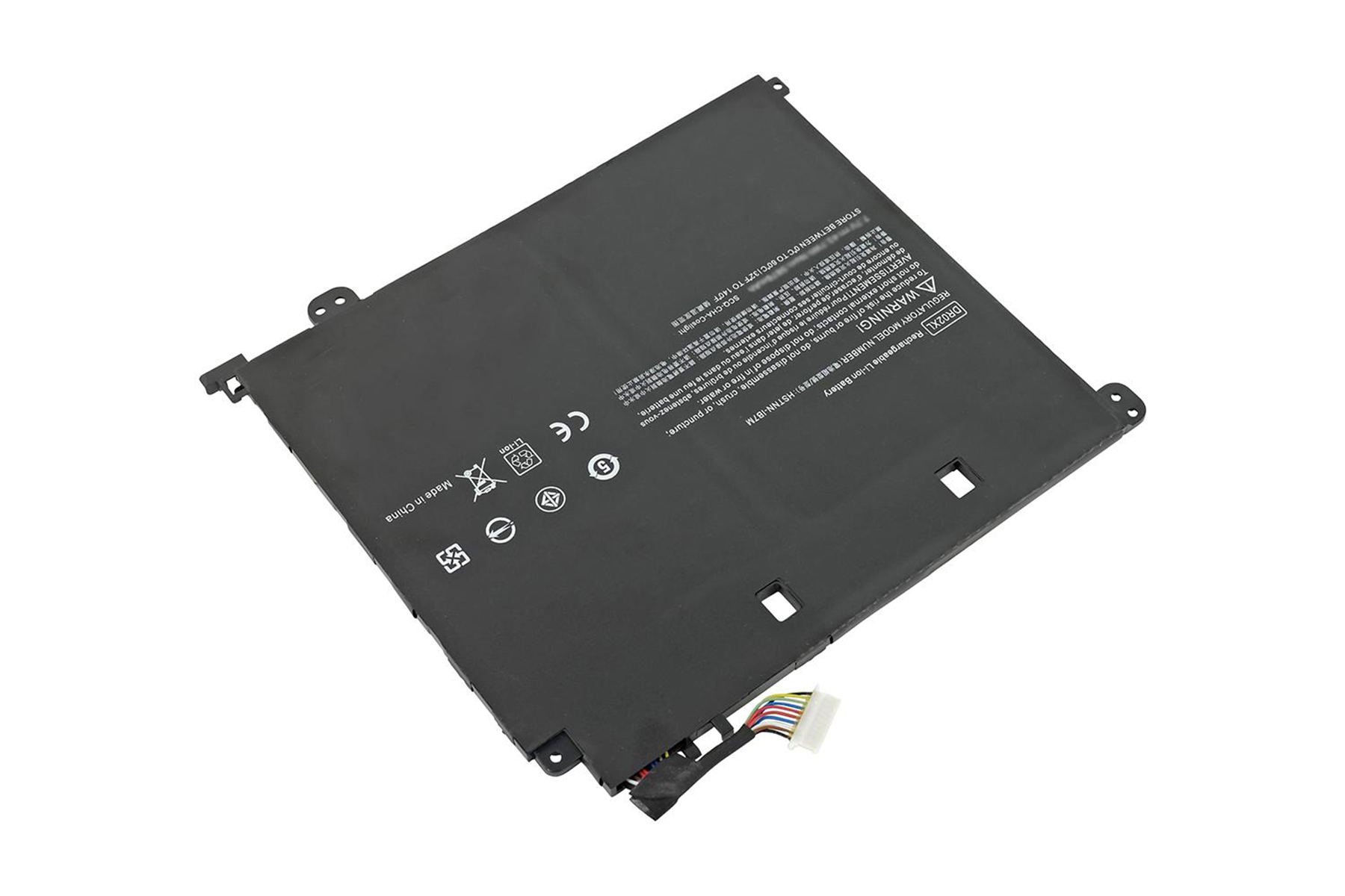 Laptop-Akku mit Warnhinweisen. Der Akku ist schwarz und rechteckig.