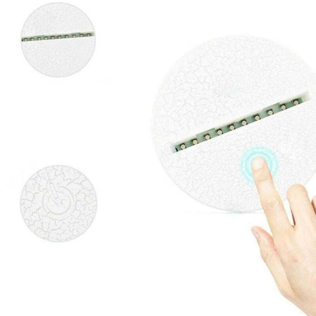 Weißer, rissiger Lampensockel. Hand berührt leuchtenden Kreis rechts.