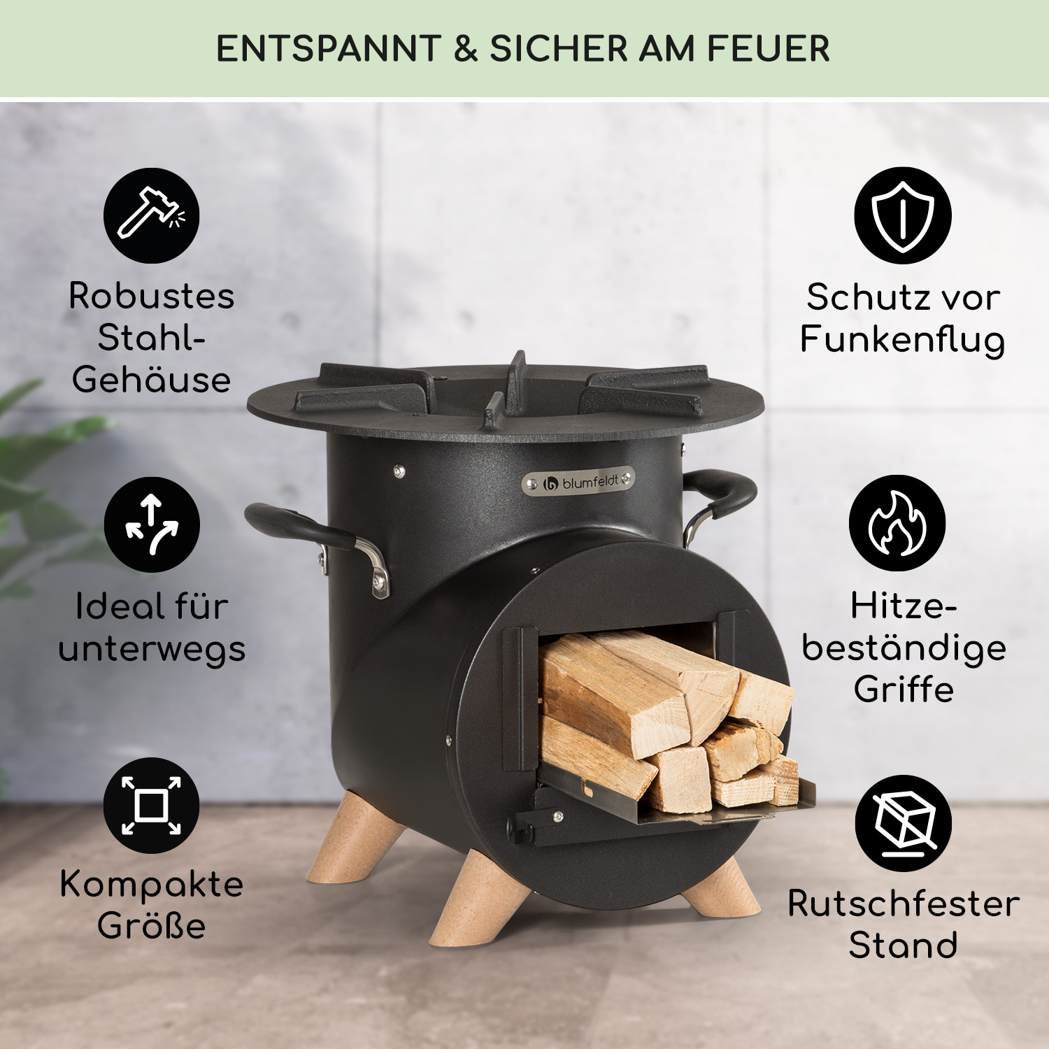 Schwarzer Outdoor-Ofen mit Holz, Symbole und Text 'ENTSPANNT & SICHER AM FEUER'.