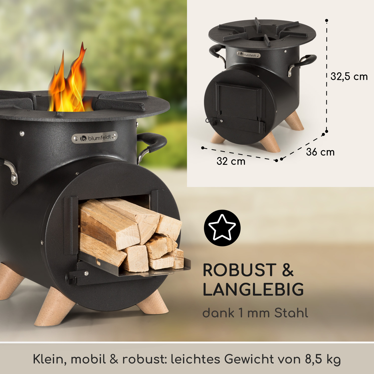 Schwarzer Metallofen mit Holz im Inneren. Flammen sind sichtbar, mit Abmessungen und Text angezeigt.
