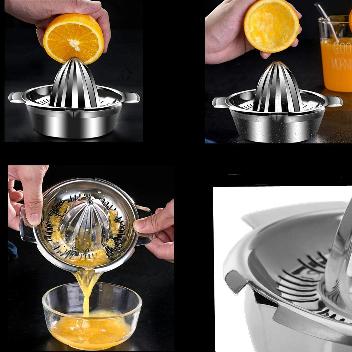 Zitronenpresse aus Edelstahl in Aktion. Eine Orange wird entsaftet, Saft fließt in eine Glasschüssel.