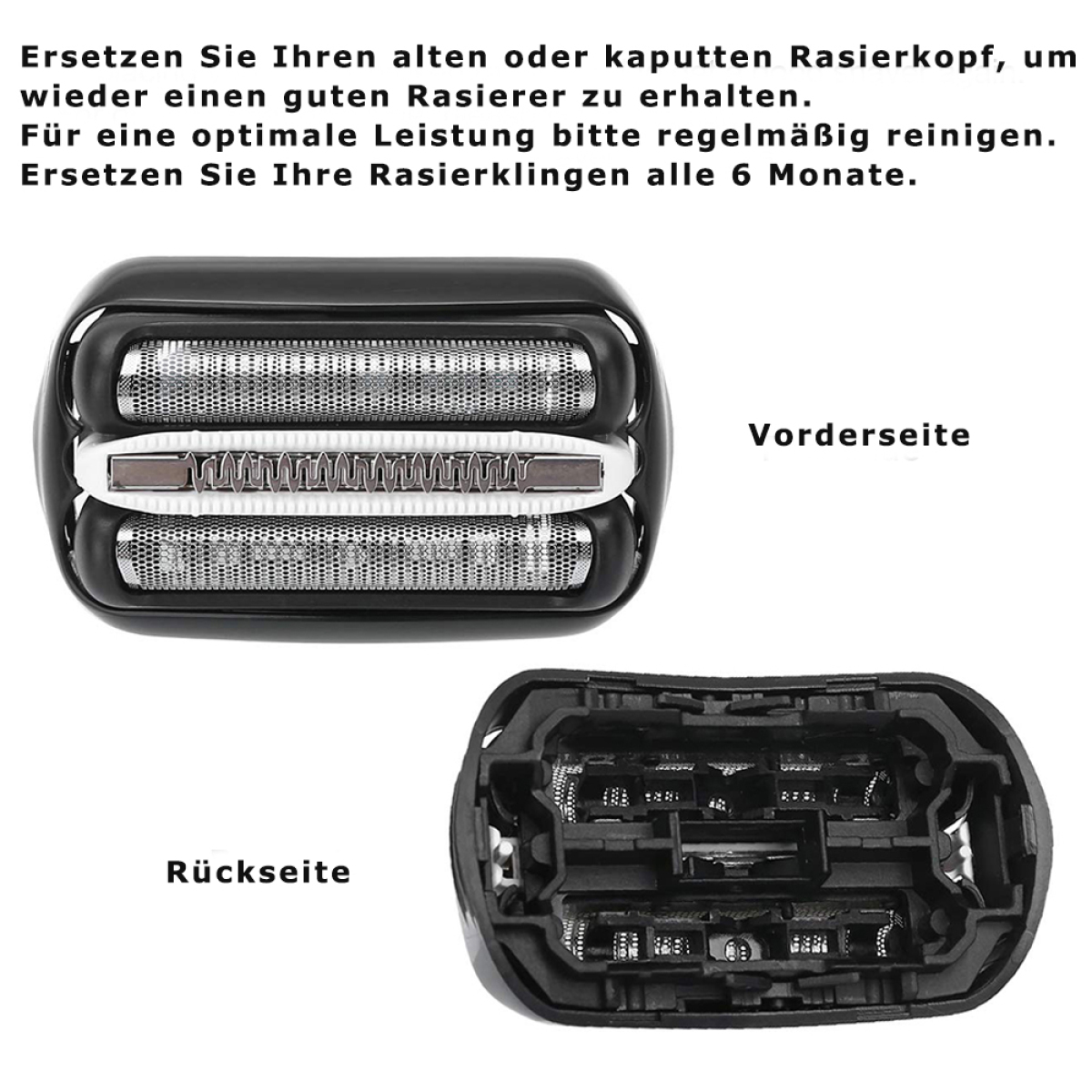 Zwei Rasiererköpfe, vorne und hinten, die die Klingen und internen Komponenten zeigen.