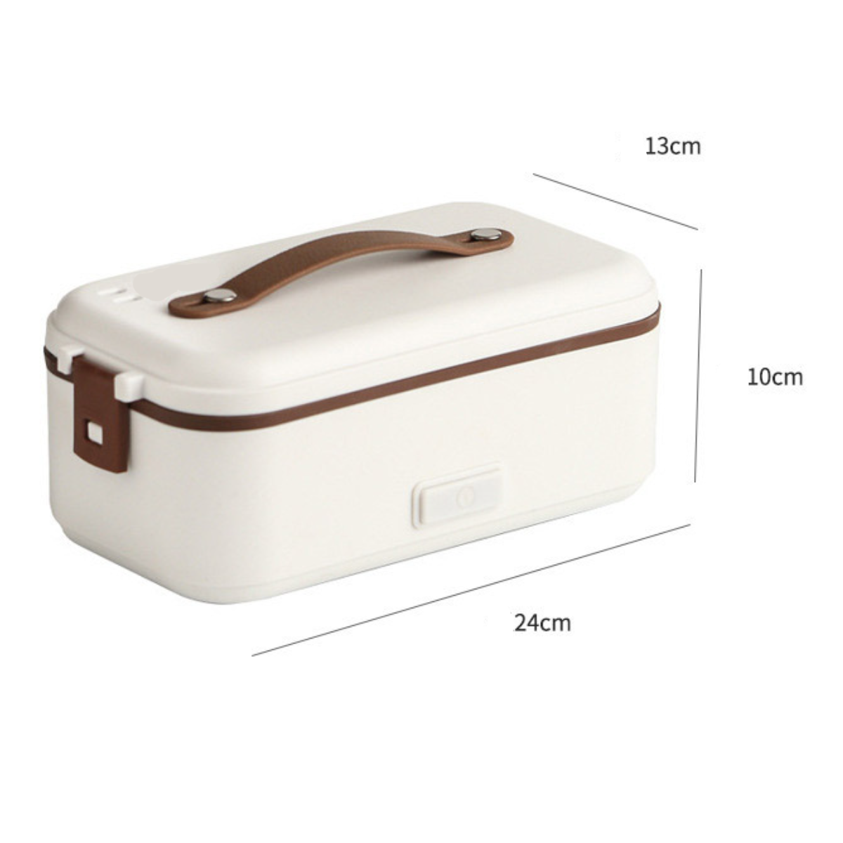 Weiße Lunchbox mit Griff. Die Abmessungen sind 24x13x10 cm. Der Hintergrund ist weiß.