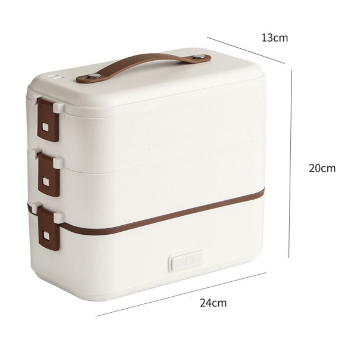 Weißer, mehrschichtiger Lunchbox mit Maßen. Hat einen braunen Griff und Verschlüsse.