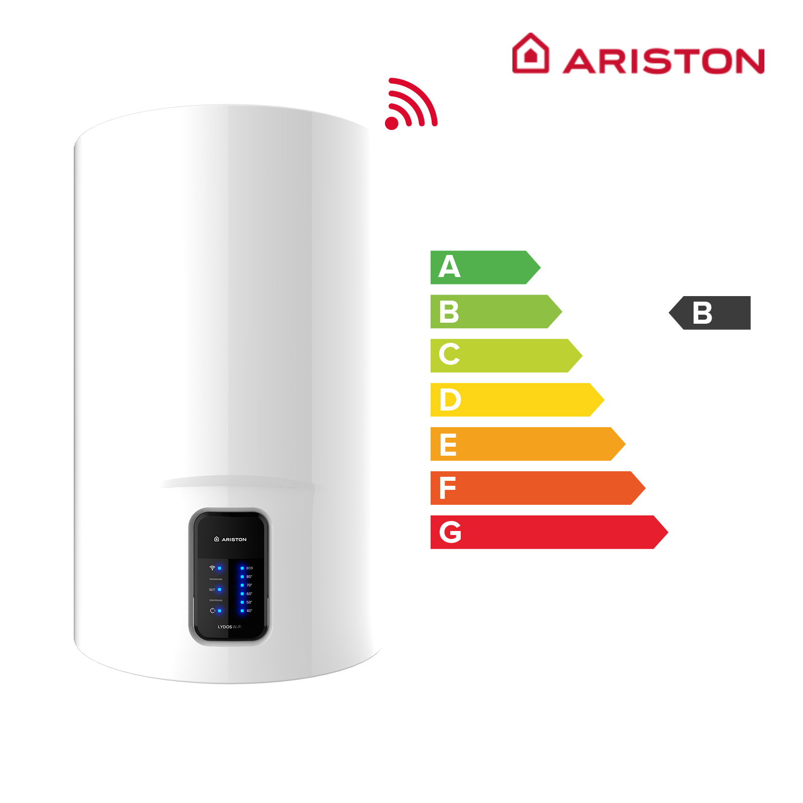 Calentador de agua blanco con panel de control y etiqueta de eficiencia energética.