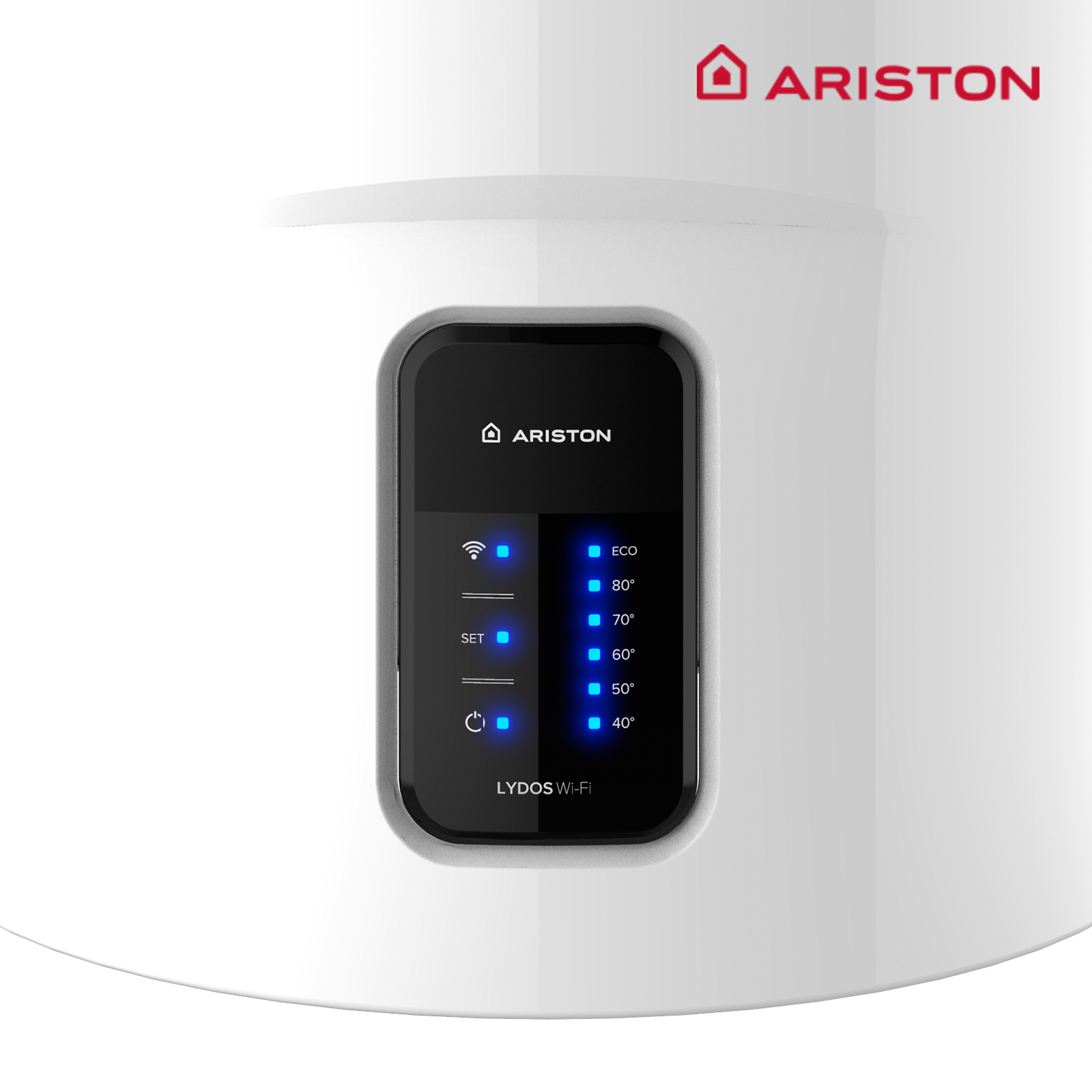 Un calentador de agua blanco con un panel de control negro que muestra luces azules y el logotipo de Ariston.