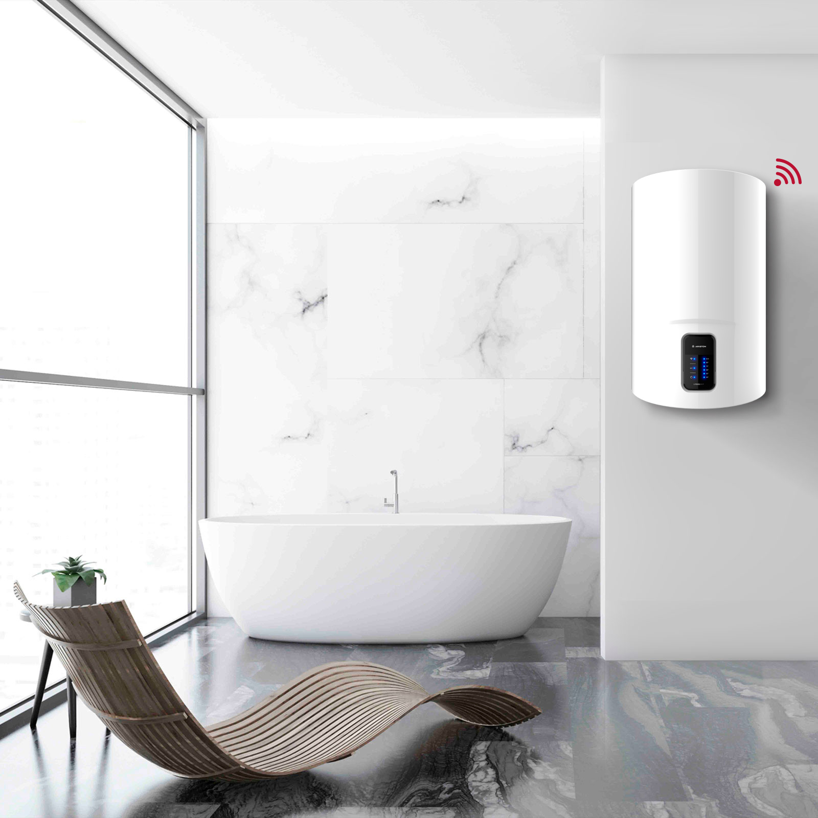 Un baño blanco con bañera, calentador de agua y una silla de madera. La pared es blanca.