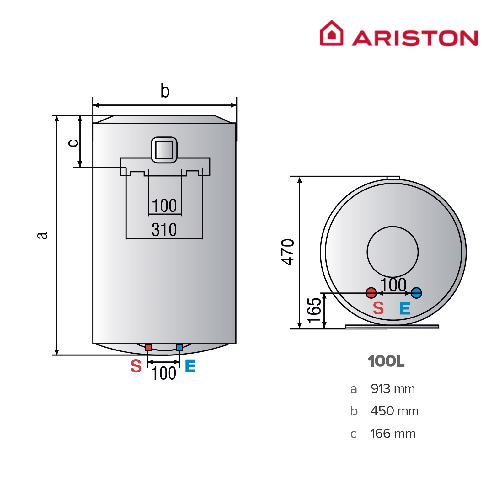 Un esquema de un calentador de agua blanco con dimensiones y la marca Ariston.
