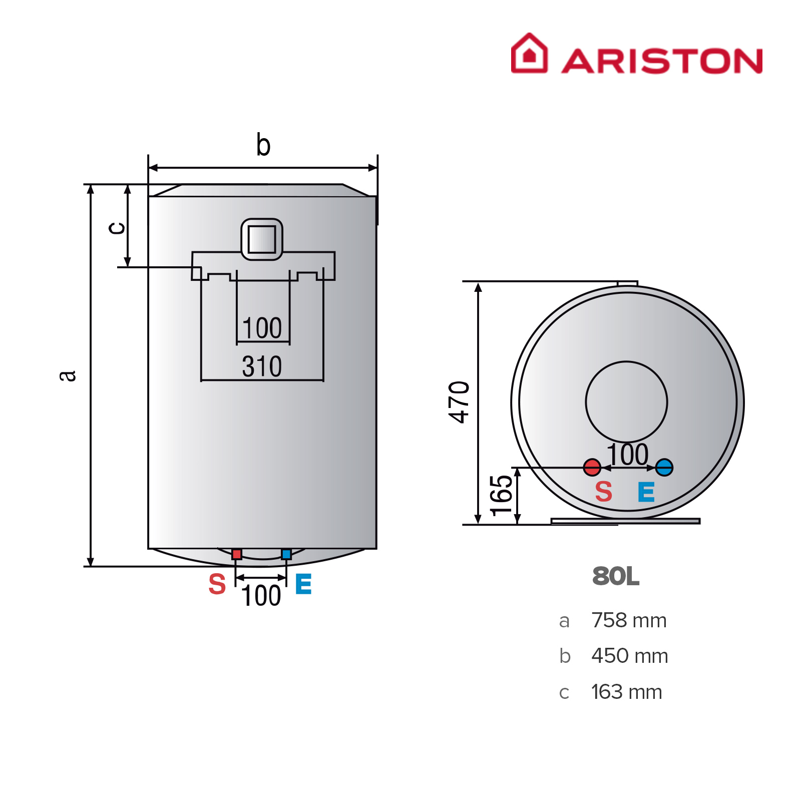 Dibujo técnico de un calentador de agua Ariston con dimensiones.