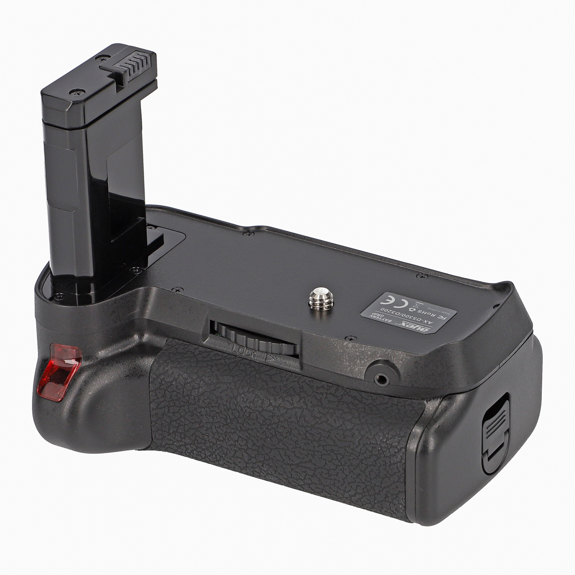Schwarzer Kamerabatteriegriff, Draufsicht, mit Batterie und Bedienelementen.