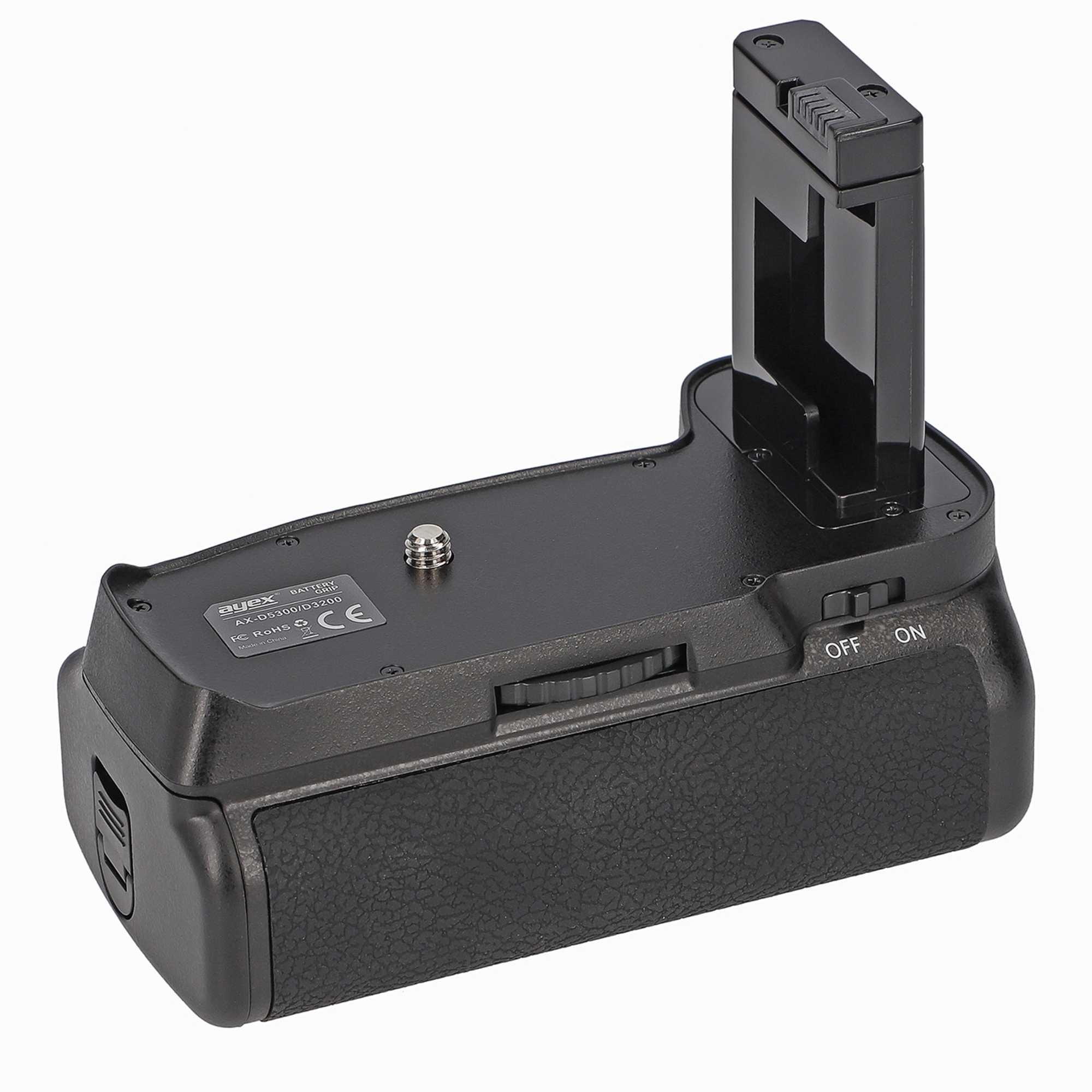 Schwarzer Kamerabatteriegriff mit offenem Batteriefach.