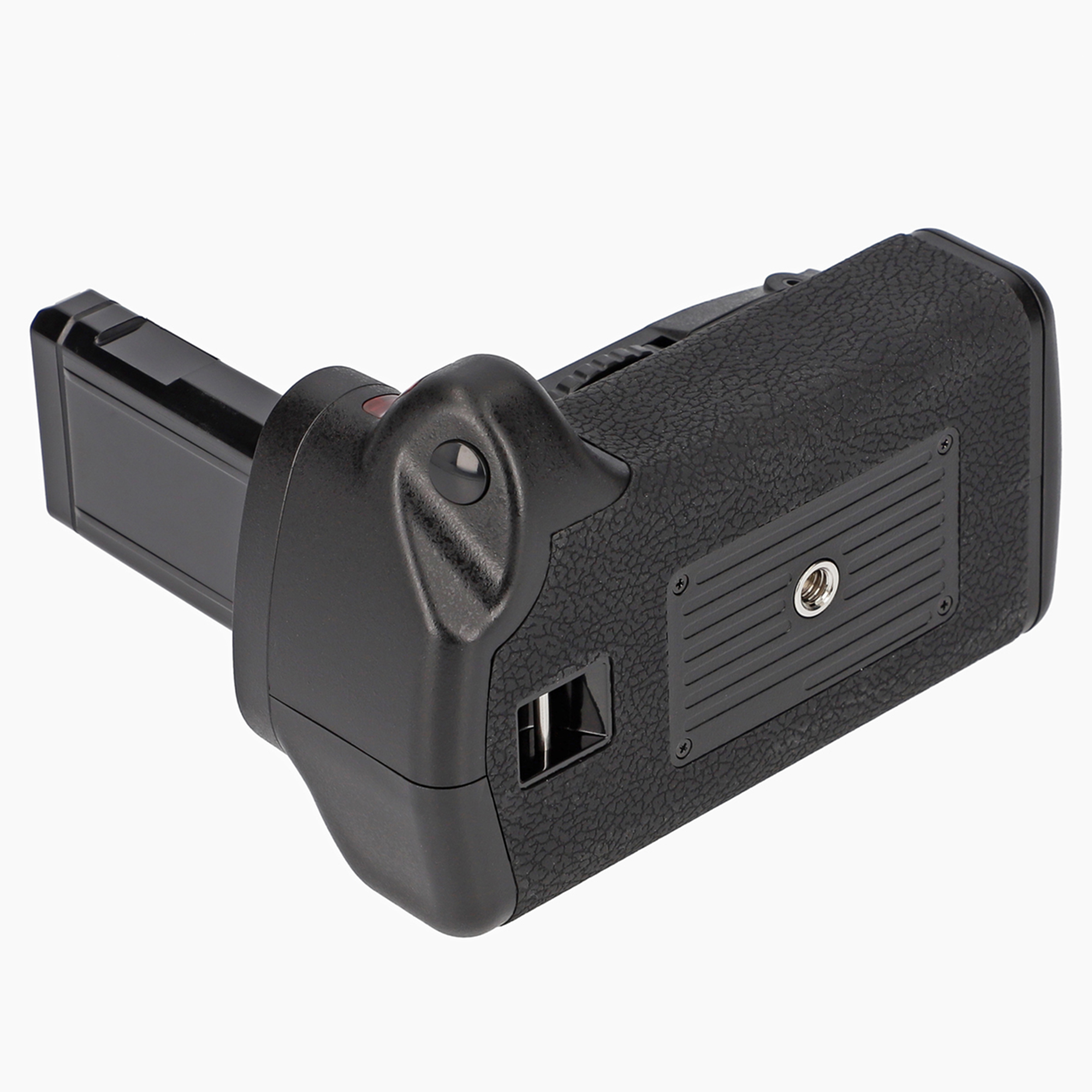 Schwarzer Kameragriff. Gebogenes Design, strukturierte Oberfläche. Hat einen Batterieanschluss und eine Schraubhalterung.