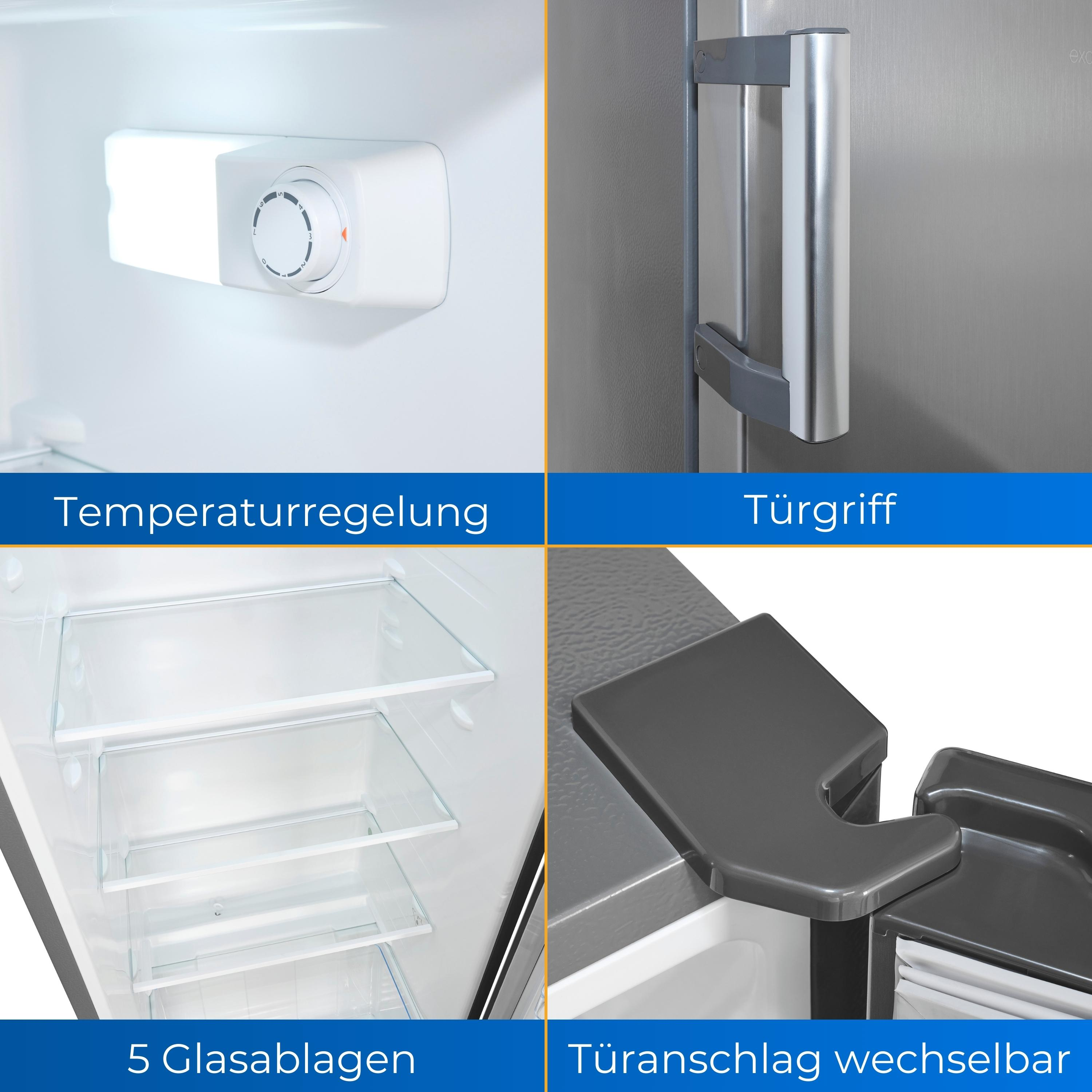 Nahaufnahme des Kühlschrankinnenraums: Temperaturregelung, Türgriff, Regale und Türscharnier.
