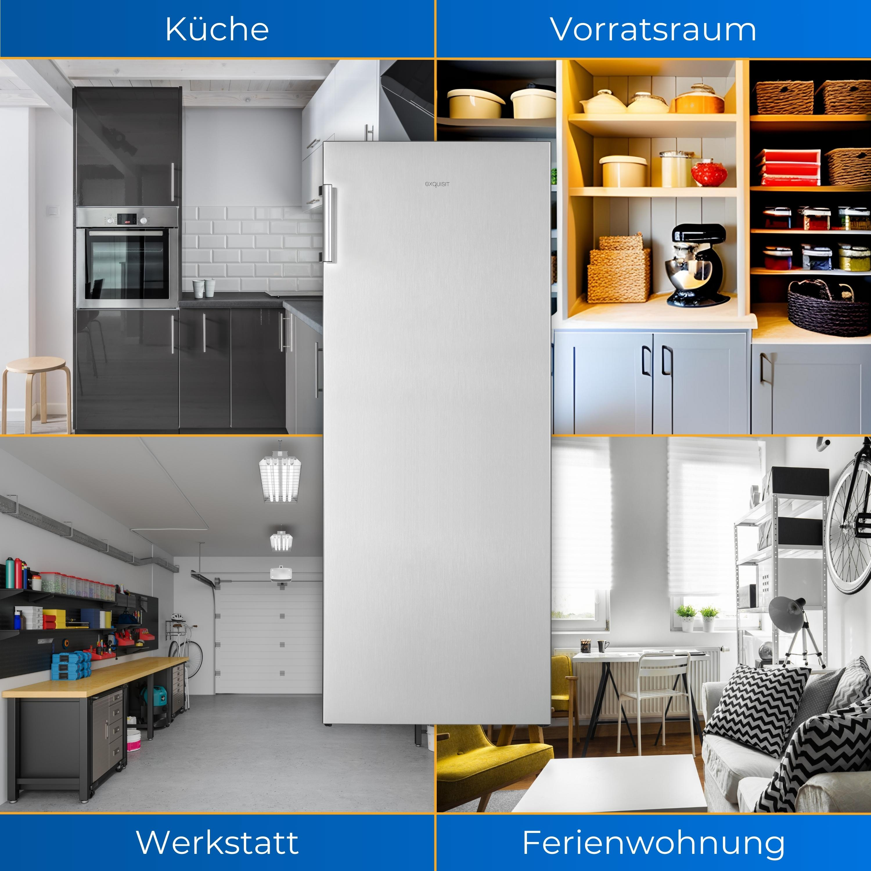 Ein Kühlschrank in einer Küche, Speisekammer, Werkstatt und einem Ferienhaus. Mehrere Szenenansichten.