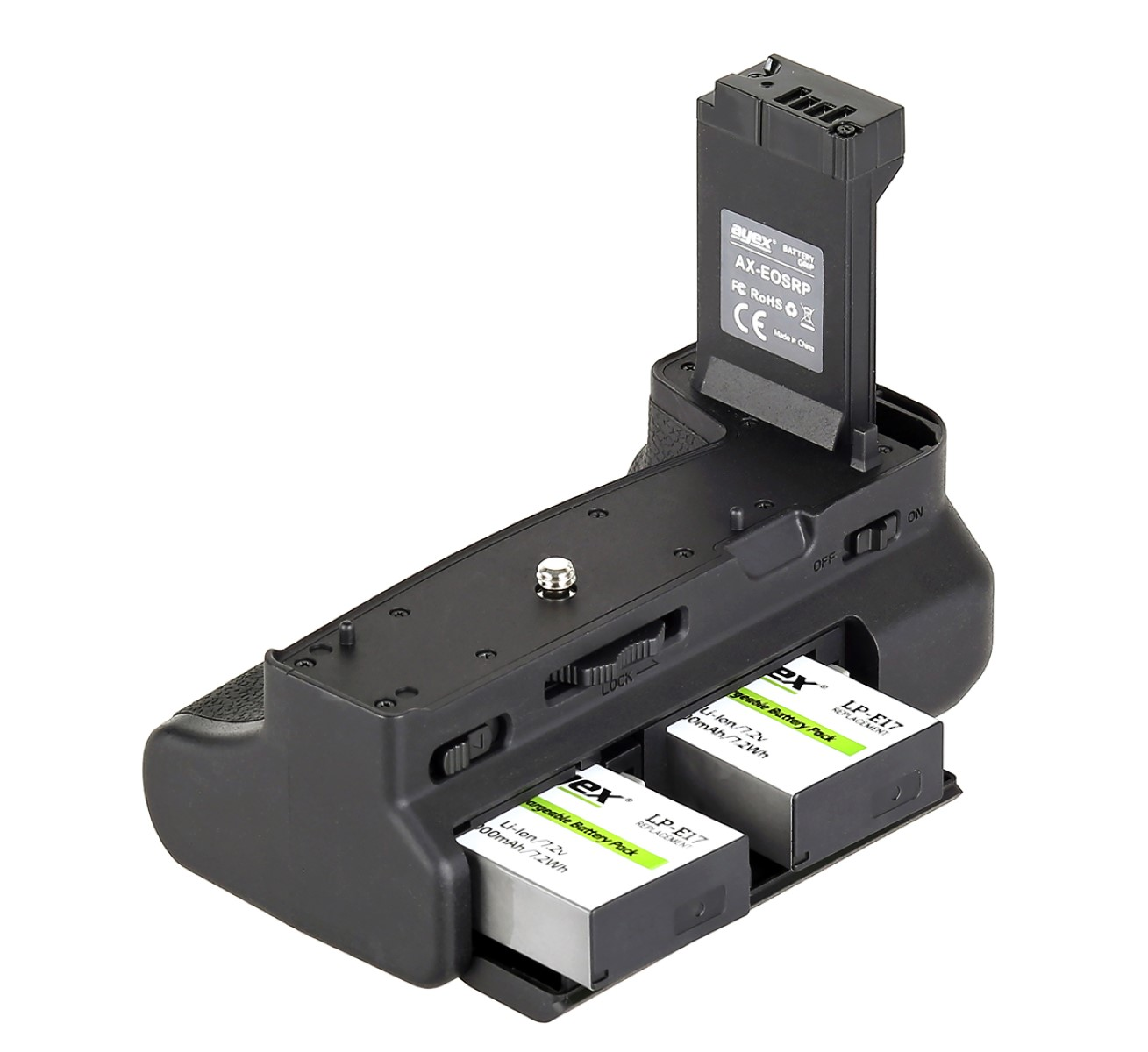 Schwarzer Kameragriff mit eingelegten Batterien. Oben befindet sich auch eine Batterie.