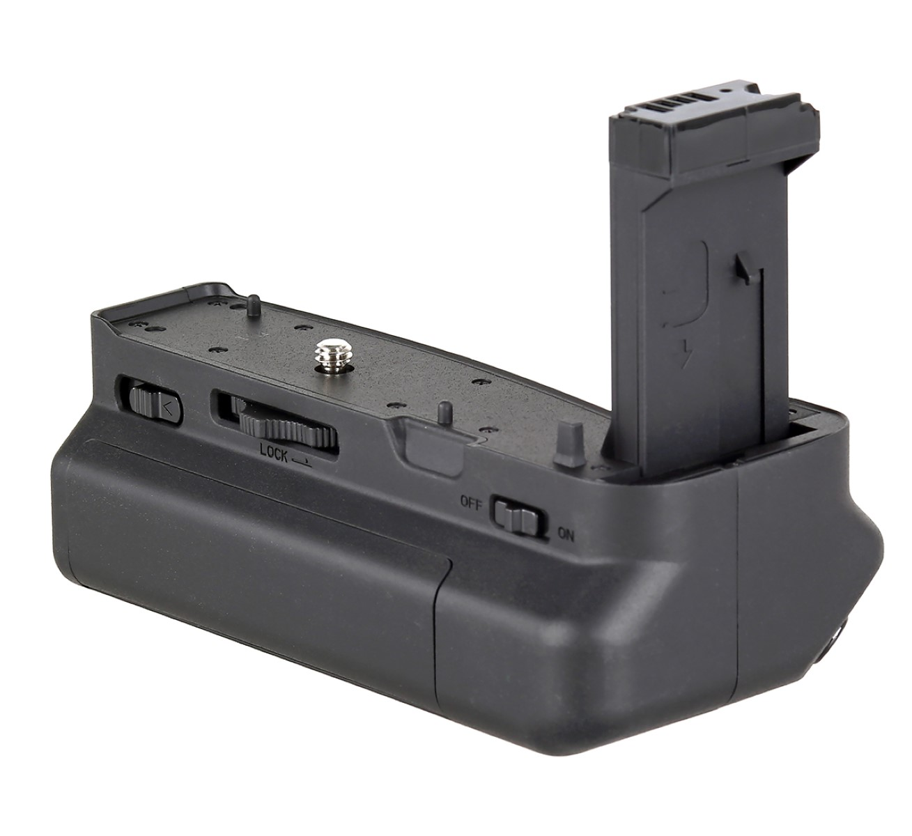 Schwarzer Kamera-Batteriegriff mit Knöpfen, Rad und Batteriefach.