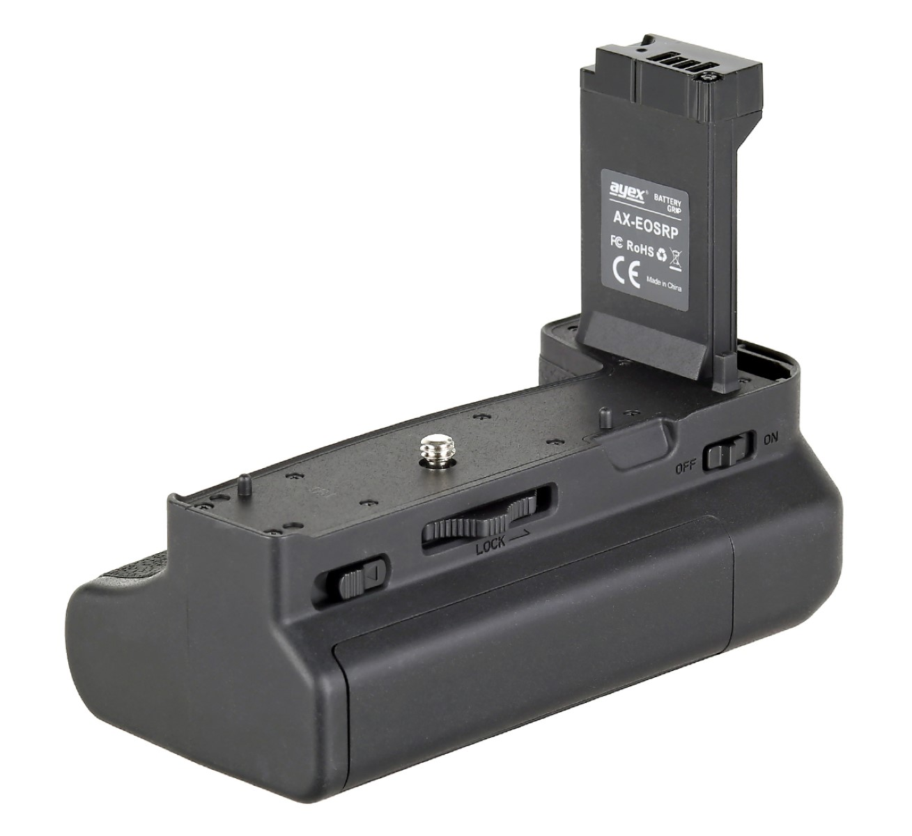 Schwarzer Kameragriff ohne Batterien. Oben befindet sich auch eine Batterie.