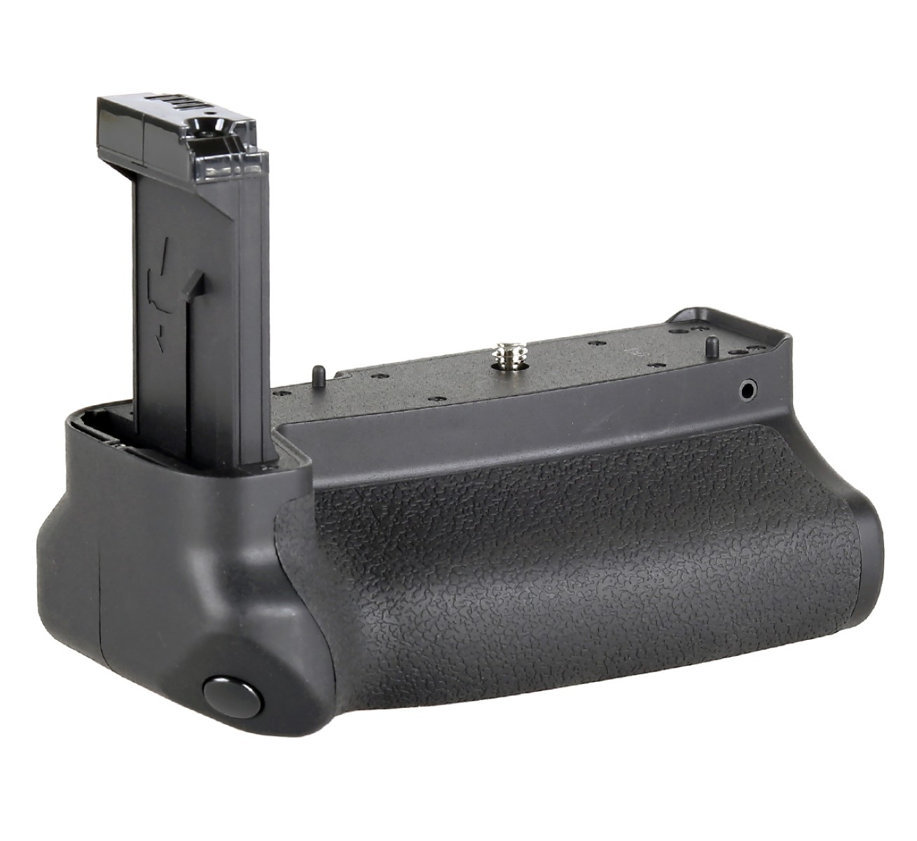 Schwarzer Kameragriff mit geöffneter Batterietür.