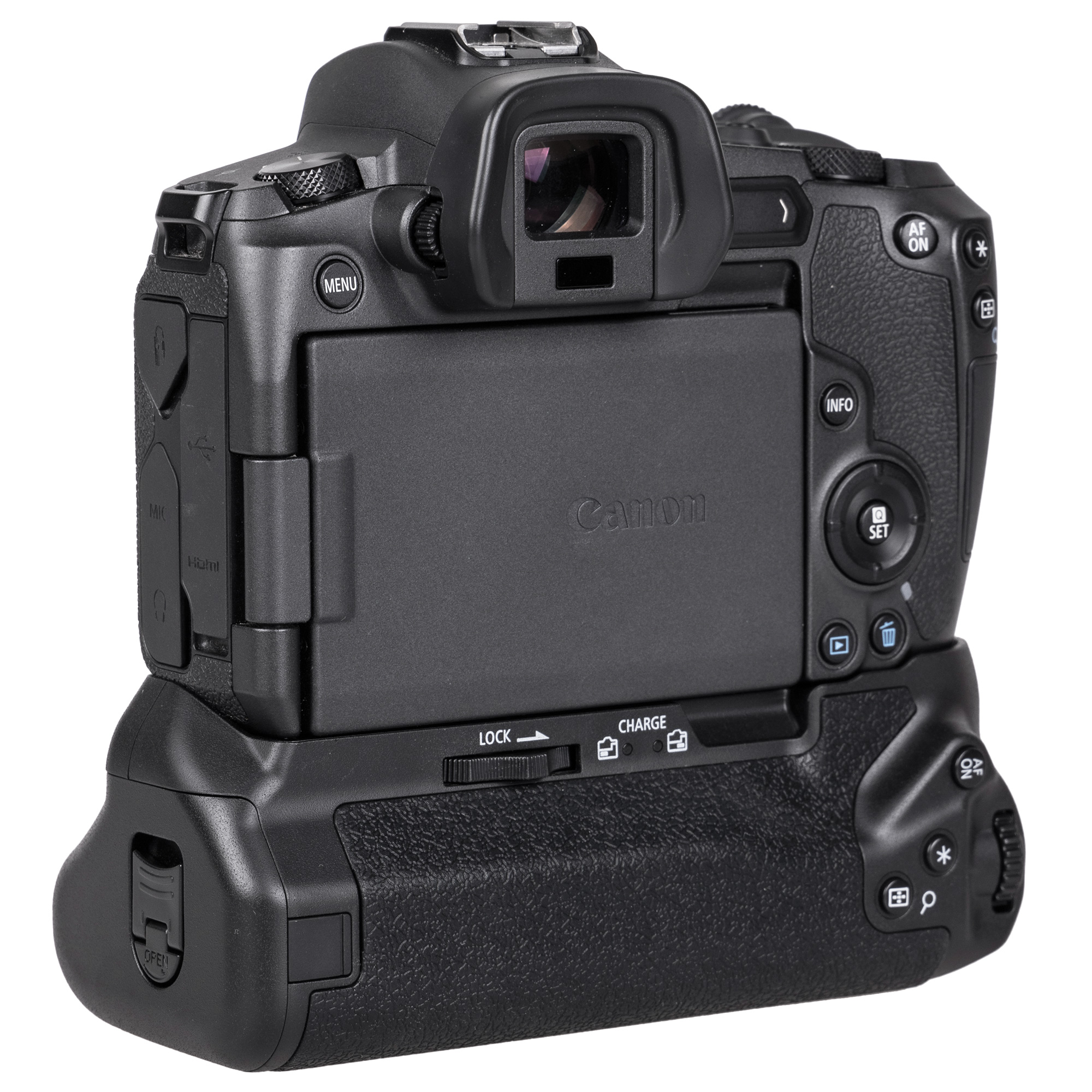 Schwarze Canon-Kamera mit angesetztem Batteriegriff. Hat Knöpfe, einen Bildschirm und ein Objektiv.